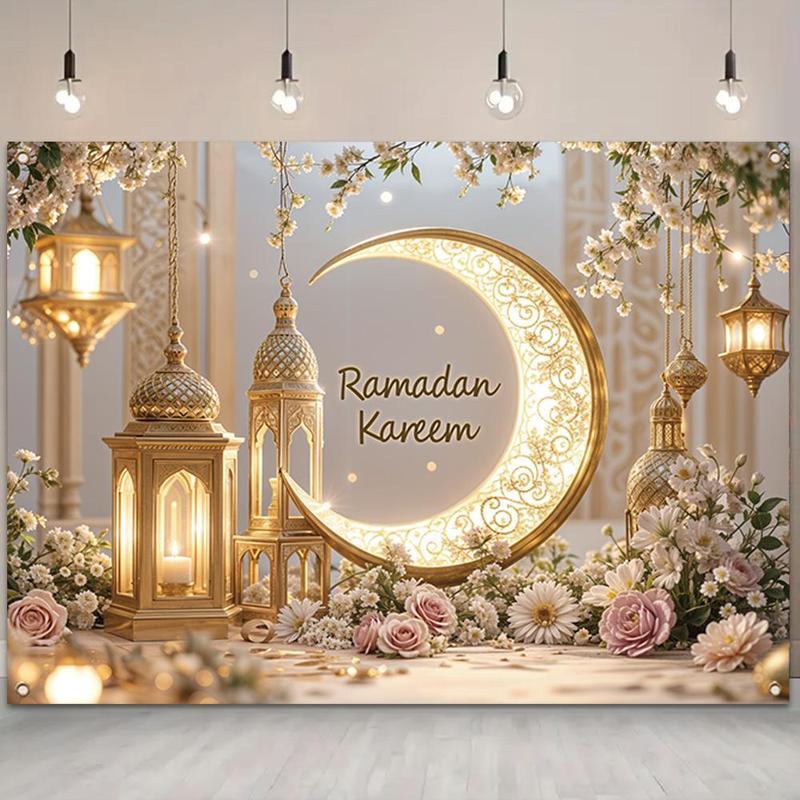 Ramadan Theme Backdrop, 1 Count Elegant Moon & Lantern Pattern Backdrop, Wall Decor for Home Living Room Bedroom, Party Decoration Supplies, Ornaments, Flowers