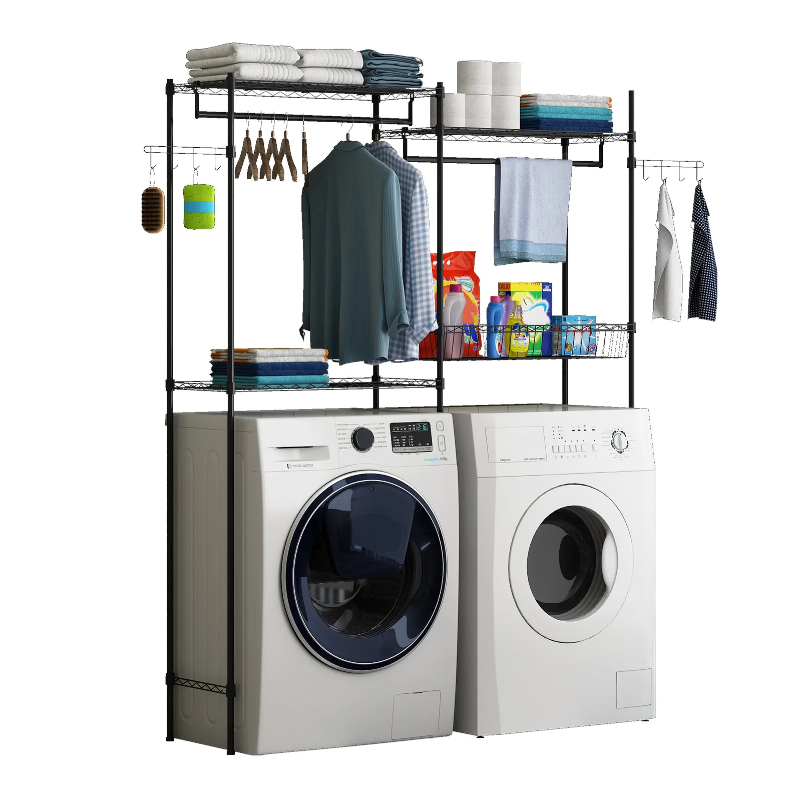 Over Washer and Dryer Storage Shelves, Height Adjustable Laundry Room Organizer with Hamper & Hooks,Shelving Unit with Clothes Drying Rack