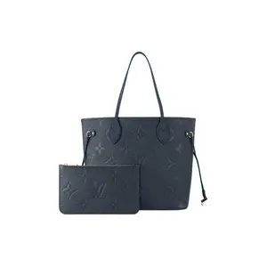 Louis Vuitton Neverfull MM Monogram Leather Tote Bag for Women, Zip Closure, Navy Blue