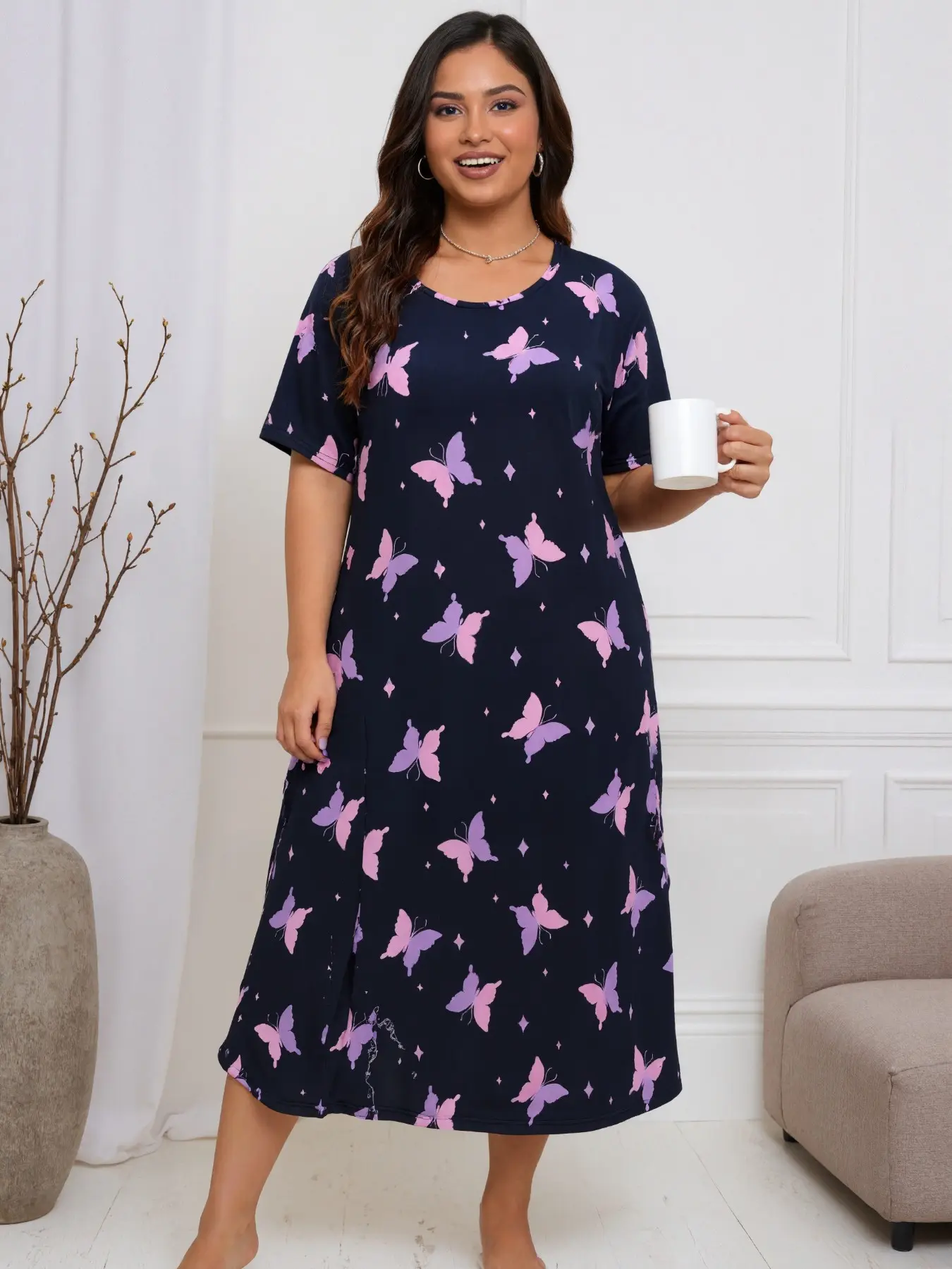 Women's Plus Size Butterfly Print Nightgown, Casual Comfort Round Neck Short Sleeve Pajama, Summer Sleepwear and Home Wear, Loungewear