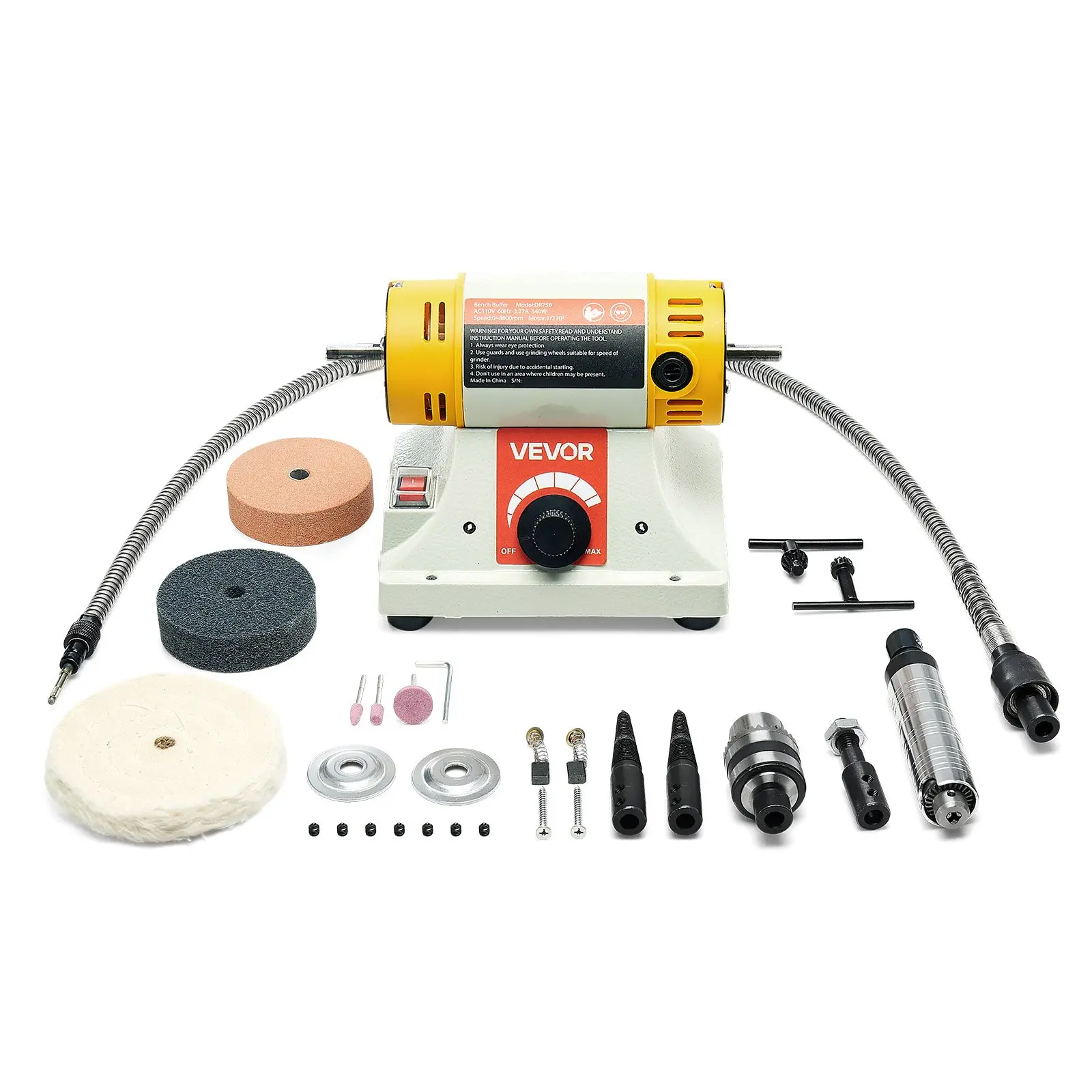 【Summerfinds】VEVOR Bench Buffer Polisher, 1/2HP Polishing Buffing Machine, 0 to 8000RPM Benchtop Polisher Grinder with 4" Cloth Wheel, 3" Grinding Wheel & 3" Fiber Wheel for Metal, Jewelry, Wood and Plastic
