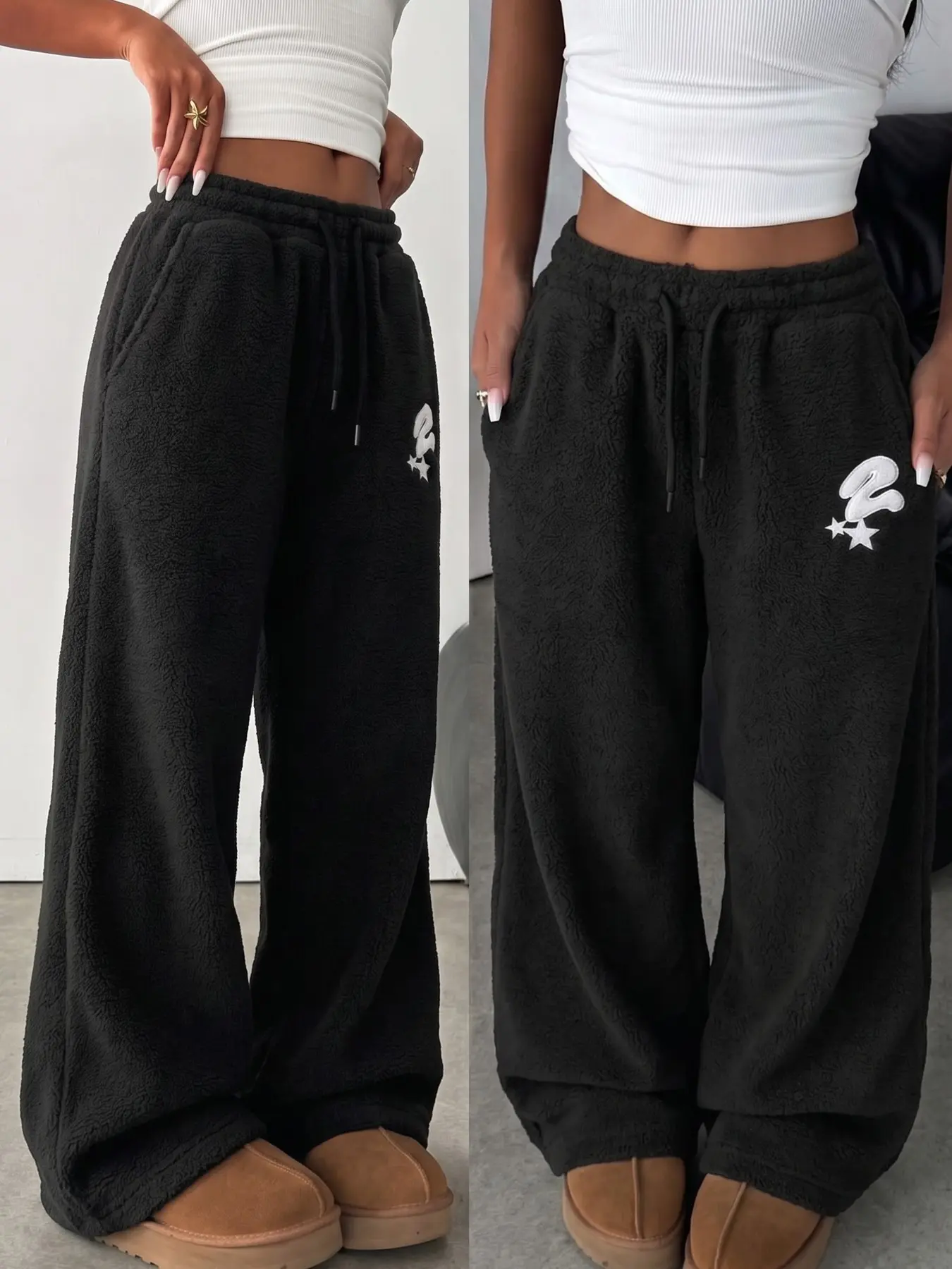 Women Sherpa Fleece Wide Leg Pants Star Letter Embroidery Drawstring Elastic High Waist Loose Baggy Trousers Warm Plush Casual Y2K Streetwear Soft Thick Loungewear With Side Pockets Winter Cozy Oversized Straight Leg Sweatpants Daily Trendy Warm Bottom