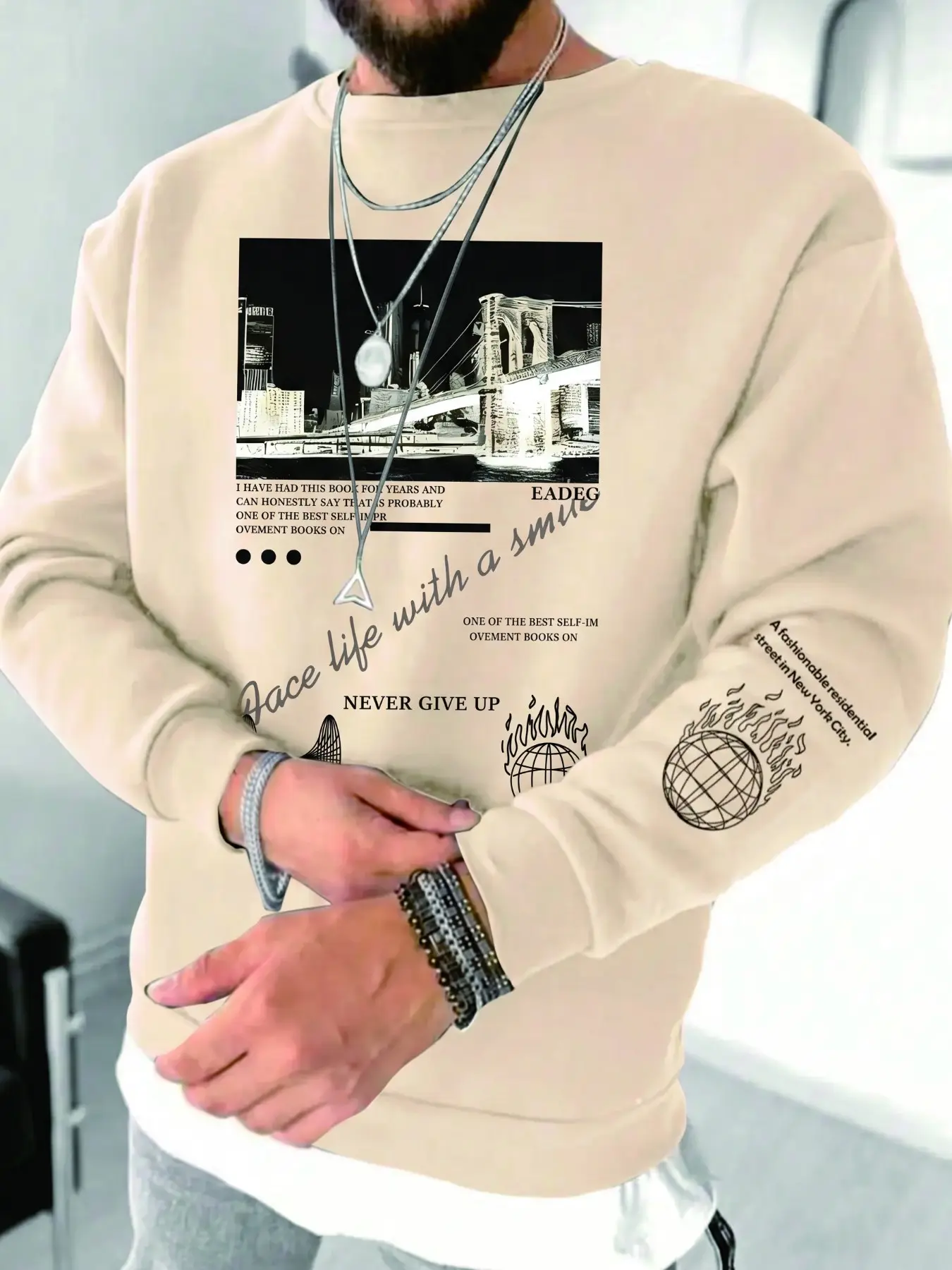Men's Round Neck Sweatshirt City Night Print Casual Trendy Top, Fall & Winter Fitted Graphic Pullover, Comfortable Moderate Fabric, Casual Pullover Sweatshirts