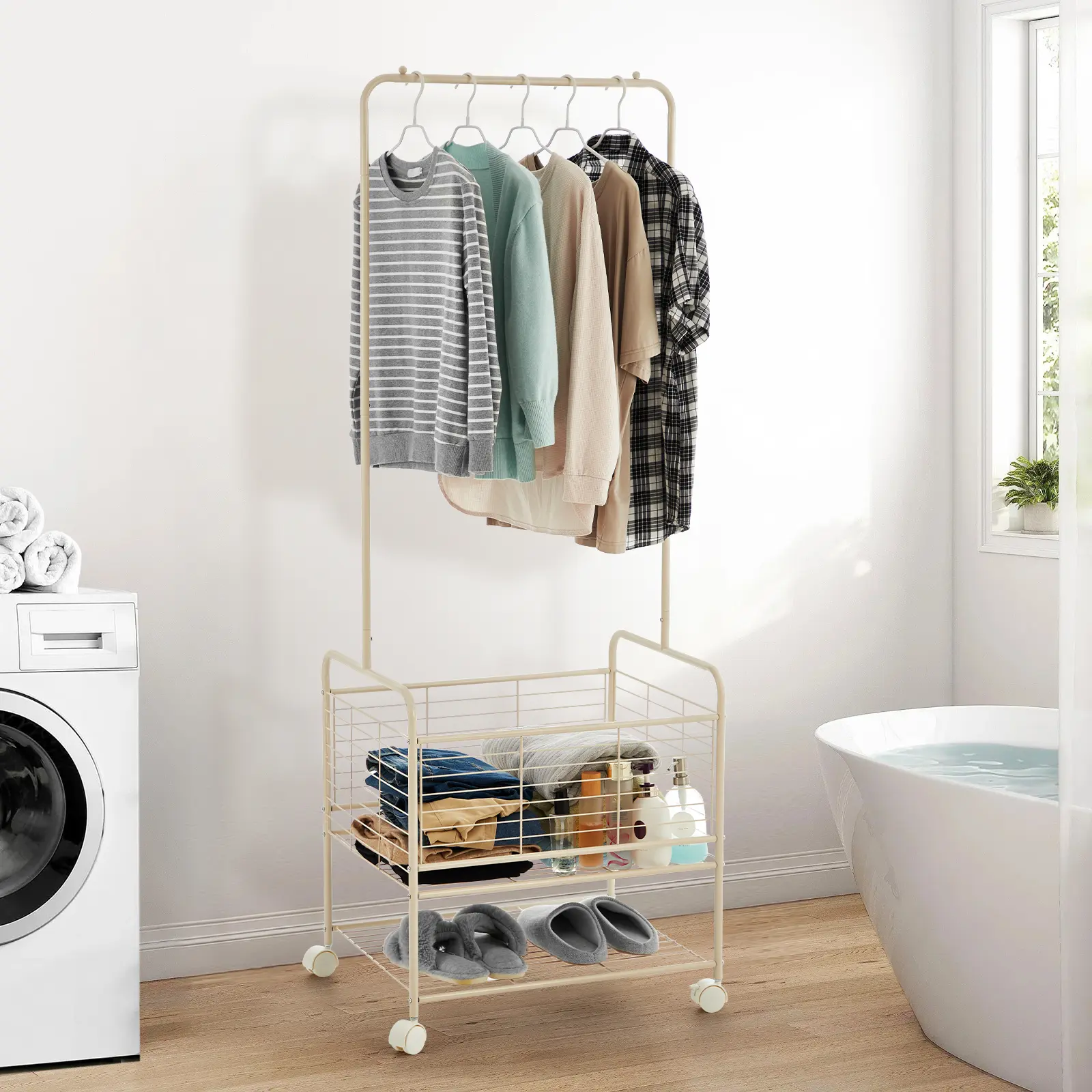 Garvee Heavy-Duty Rolling Metal Garment Rack with Wheels, Clothes Rack with Hanging Rod, Storage Basket & Shelves, Freestanding Clothing Rack Laundry Cart for Bedroom Bathroom Laundry Room, Mobile Closet Organizer Utility Hanger Stand Portable Rack
