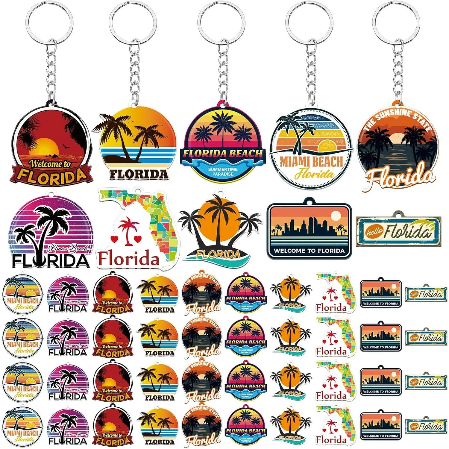 50 Pcs Florida Souvenirs Acrylic Keychain Gifts Bulk United State Keychain Palm Tree Sea Sun Map Travel SouvenirsGift.
