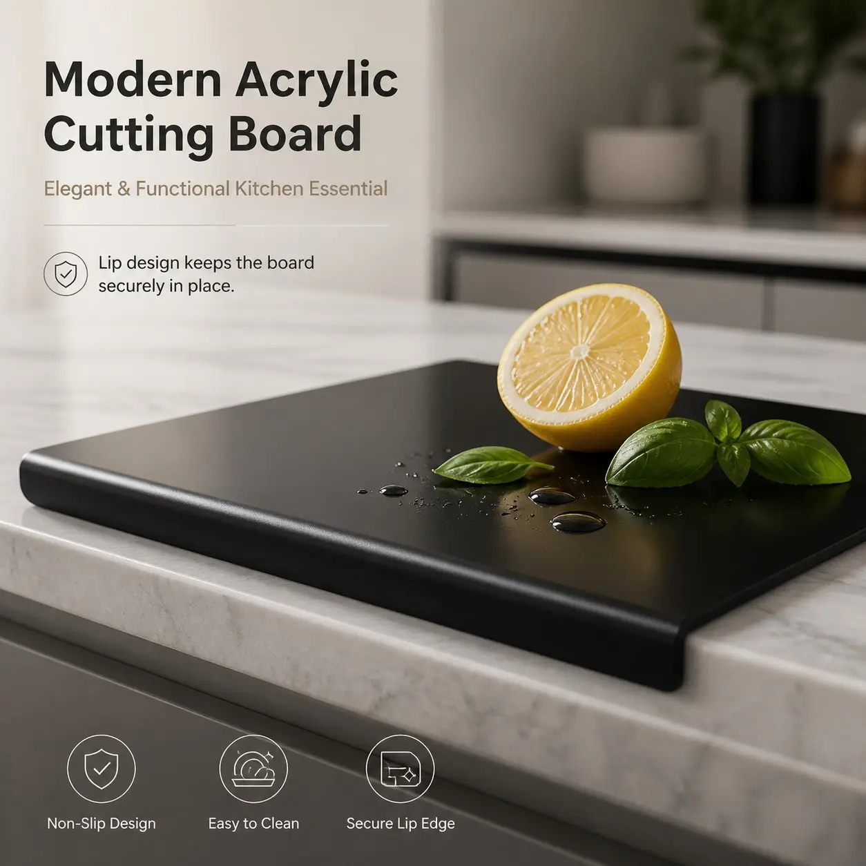 Modern Acrylic Lipped Cutting Board with Non-Slip Edges, Easy-To-Clean Kitchen Prep Surface, Ideal for Vegetables, Fruits, Meat
