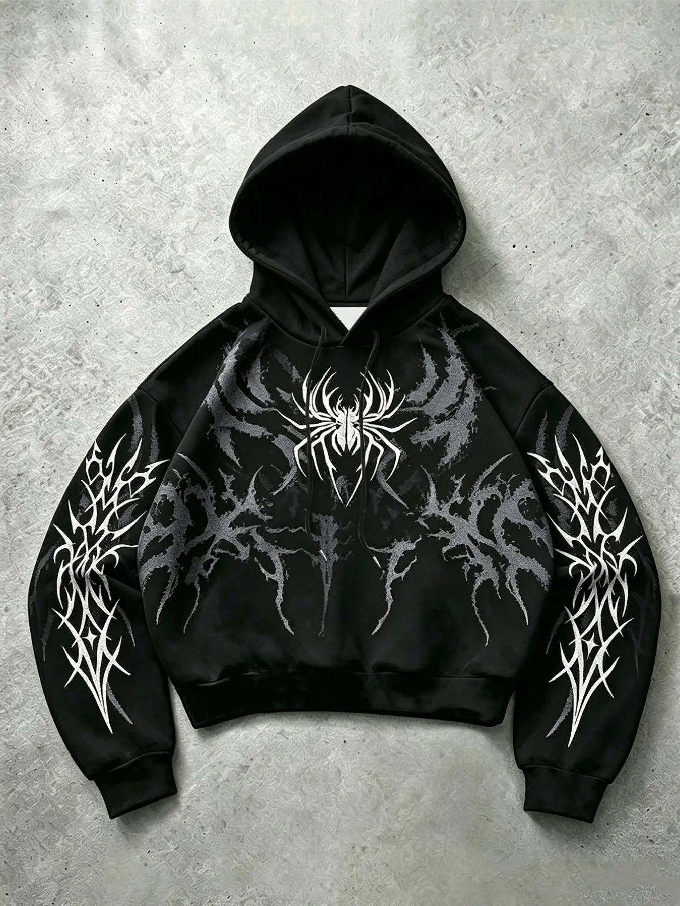 American Punk Thorn Spider Print Hoodie, Base Distressed Gradient Vine Spider Pattern, High Waist Short Fit Streetwear Sweatshirt, Casual Streetwear Hoodie
