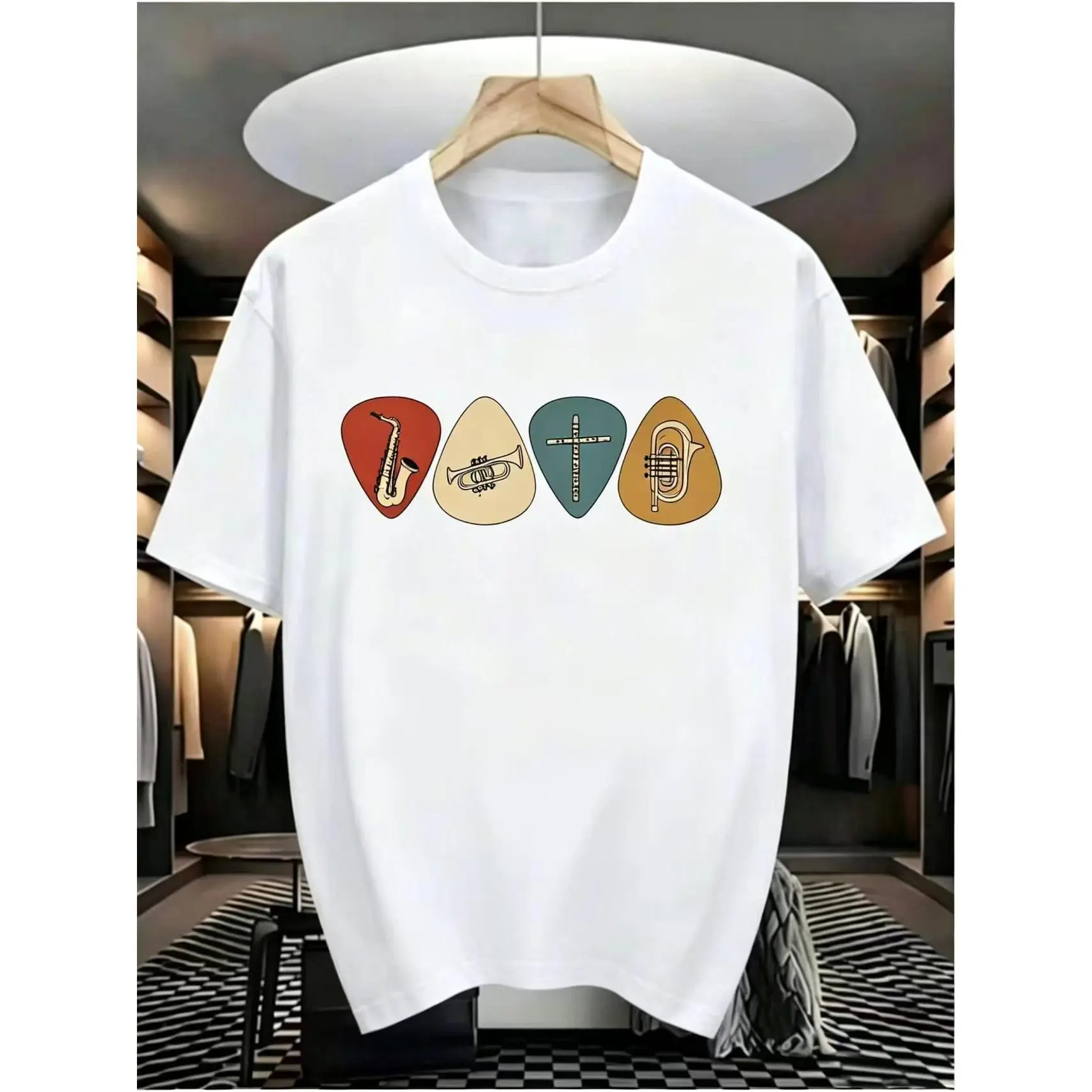 Vintage Jazz Musical Instrument Graphic Short-Sleeve Round Neck Regular Fit T-Shirt - Guitar Pick, Saxophone, Trumpet, Flute, Tuba, Retro Colorful Plectrum Casual Top For Musicians, Shortsleeve, Tshirt