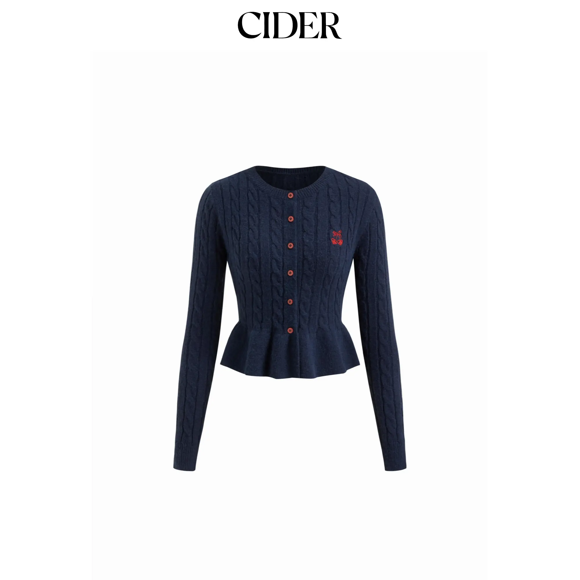 Cider Cable Knit Cherry Embroidery Long Sleeve Ruffle Hem Cardigan SummerFinds