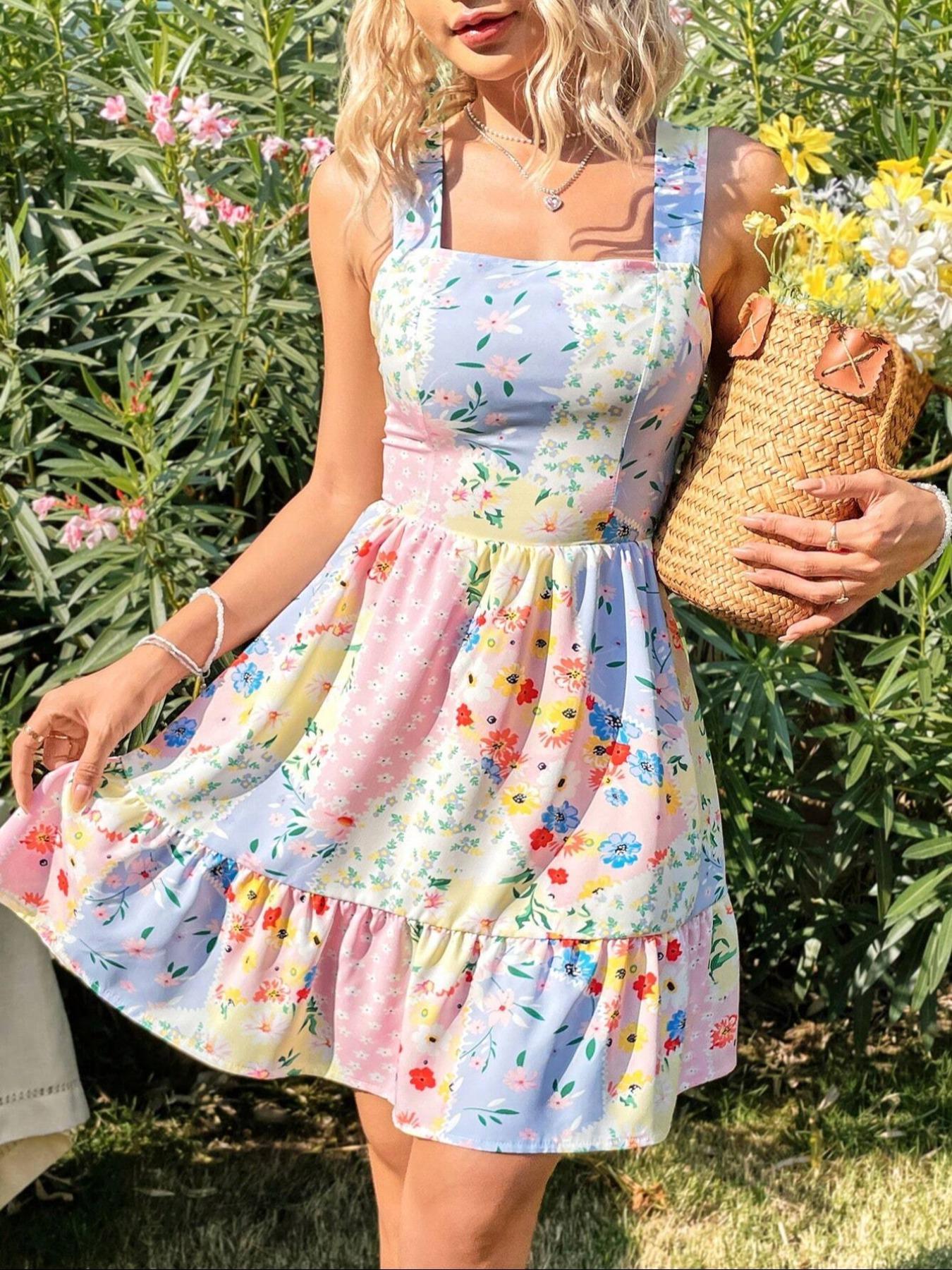 Women's Floral Print Backless Bow Tie Dress, Sleeveless Short Sundress, Boho Vacation, Fitted Summer Dress