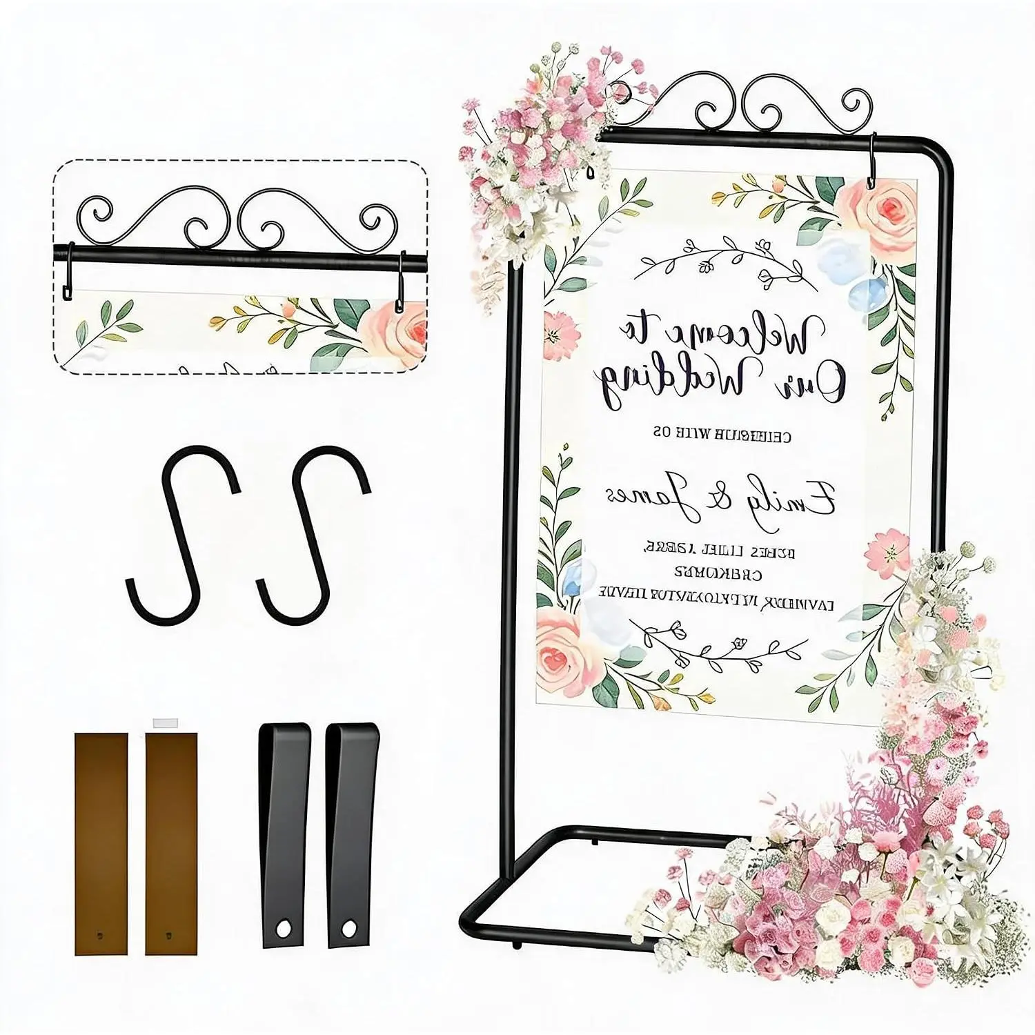 Adjustable Metal Welcome Sign Stand | Tabletop Display Rack, Weather-Resistant Heavy-Duty Frame, Leather Straps for Wedding, Party, Guest Book & Photos