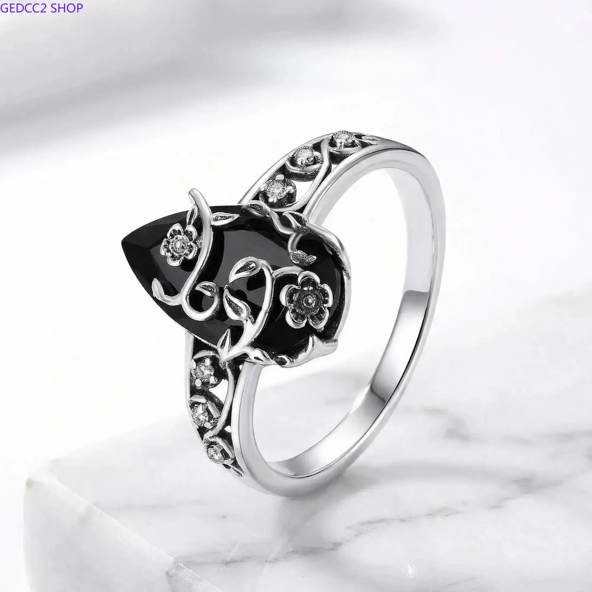 Vintage Floral Black Gemstone Silver Plated Ring, Ornate Vine Gothic Jewelry, Romantic Unique Accessory for Date Nights Special Occasions, Ideal Gift for Her, Rings, Cotton, Female, No