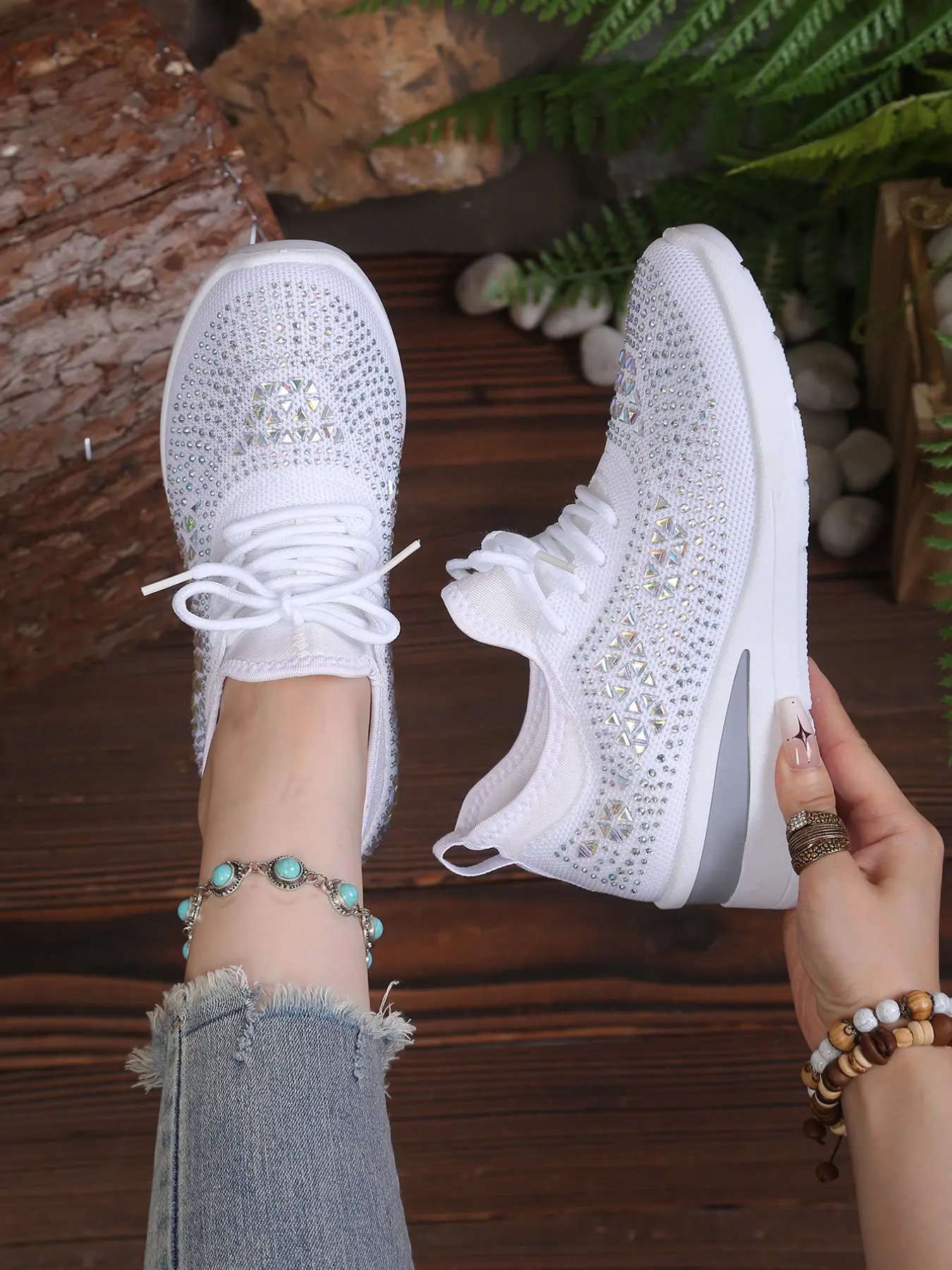 Full Rhinestone Knit Heeled Mom Shoes, Comfortable Breathable Mesh Casual Shoes, Lightweight Rhinestone Wedge Sports Shoes, Footwear