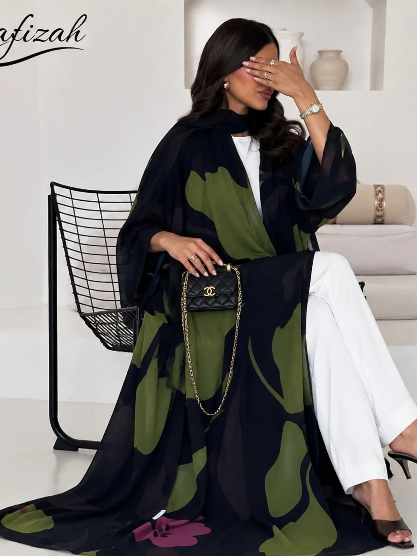 Women's Luxurious Print Robe, Open Front Kimono Style Long Cardigan Dress, Elegant Modest Muslim Clothing, Wide Sleeve Islamic Fashion