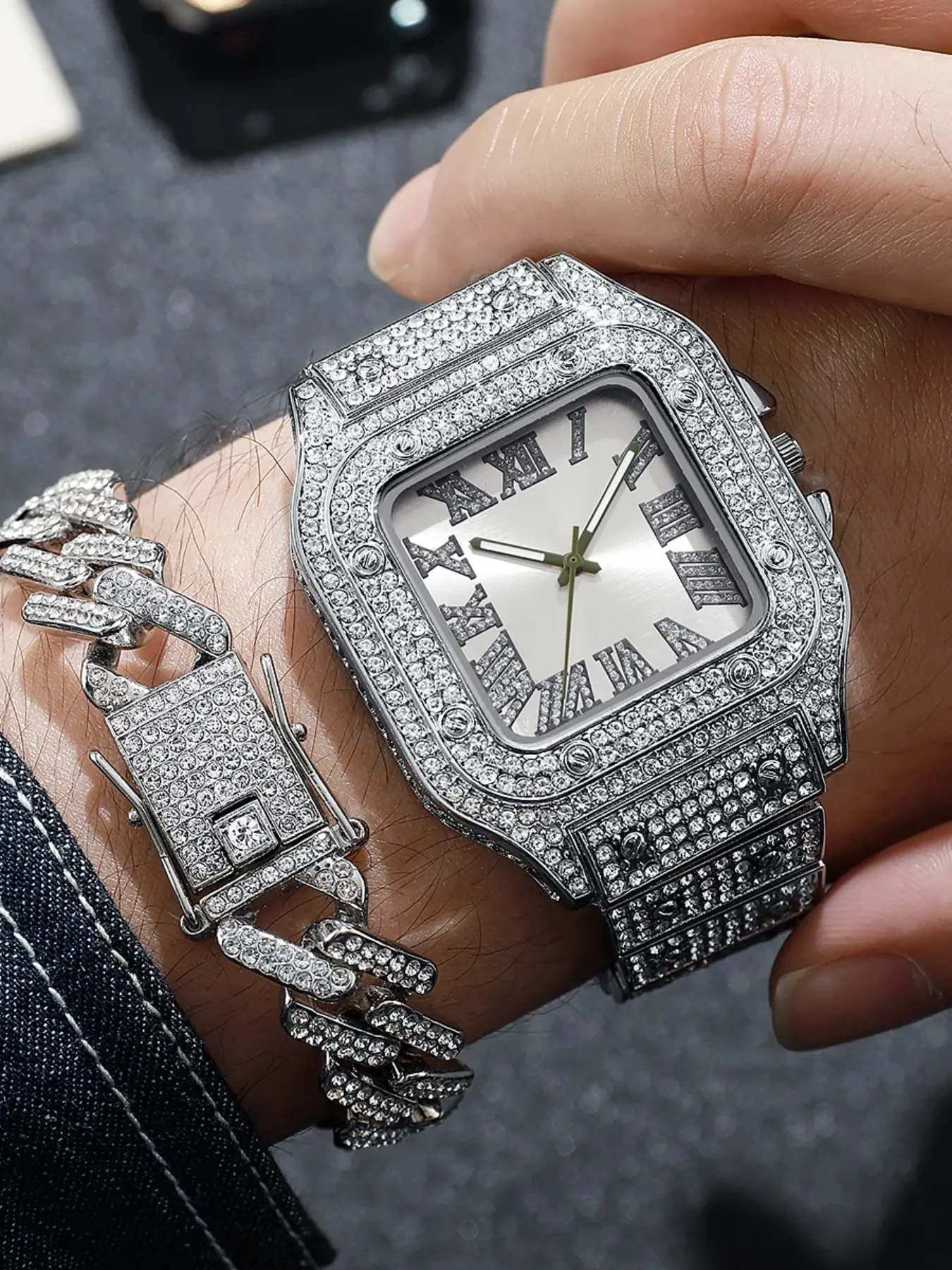 Roman Numeral Diamond Watch Set, Wide Cuban Chain Bracelet, High Shine Metal Texture, Street Style, All Seasons, Quartz Movement