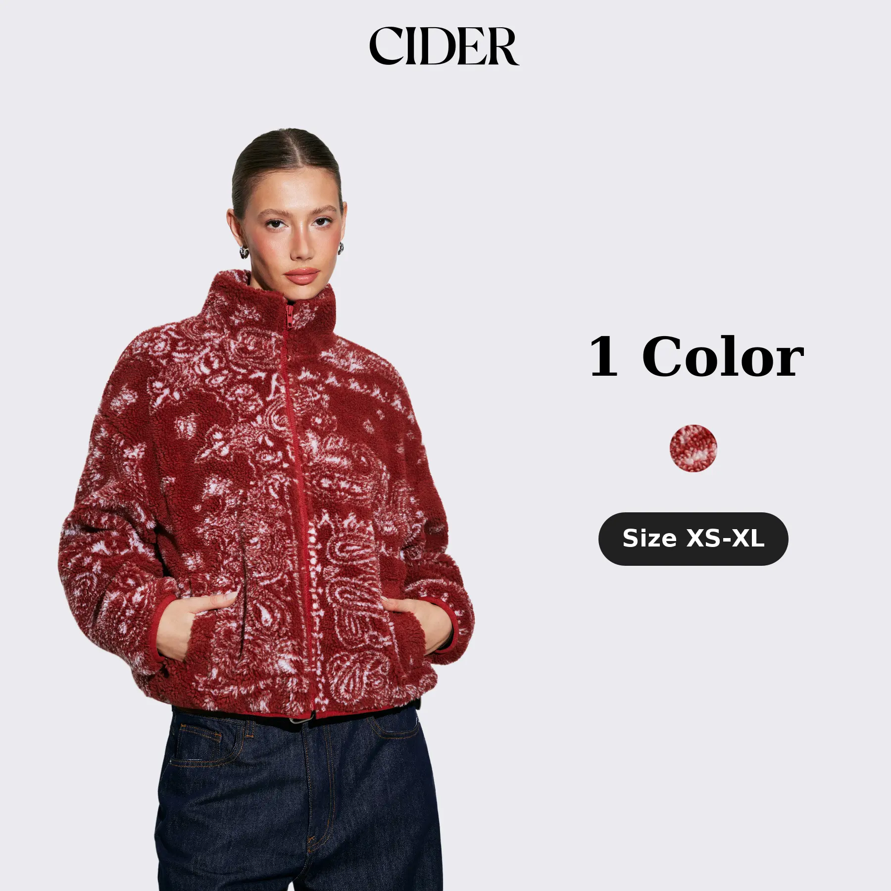 Cider Fleece Stand Collar Paisley Print Oversized Jacket Cider Fleece Stand Collar Paisley Print Oversized Jacket