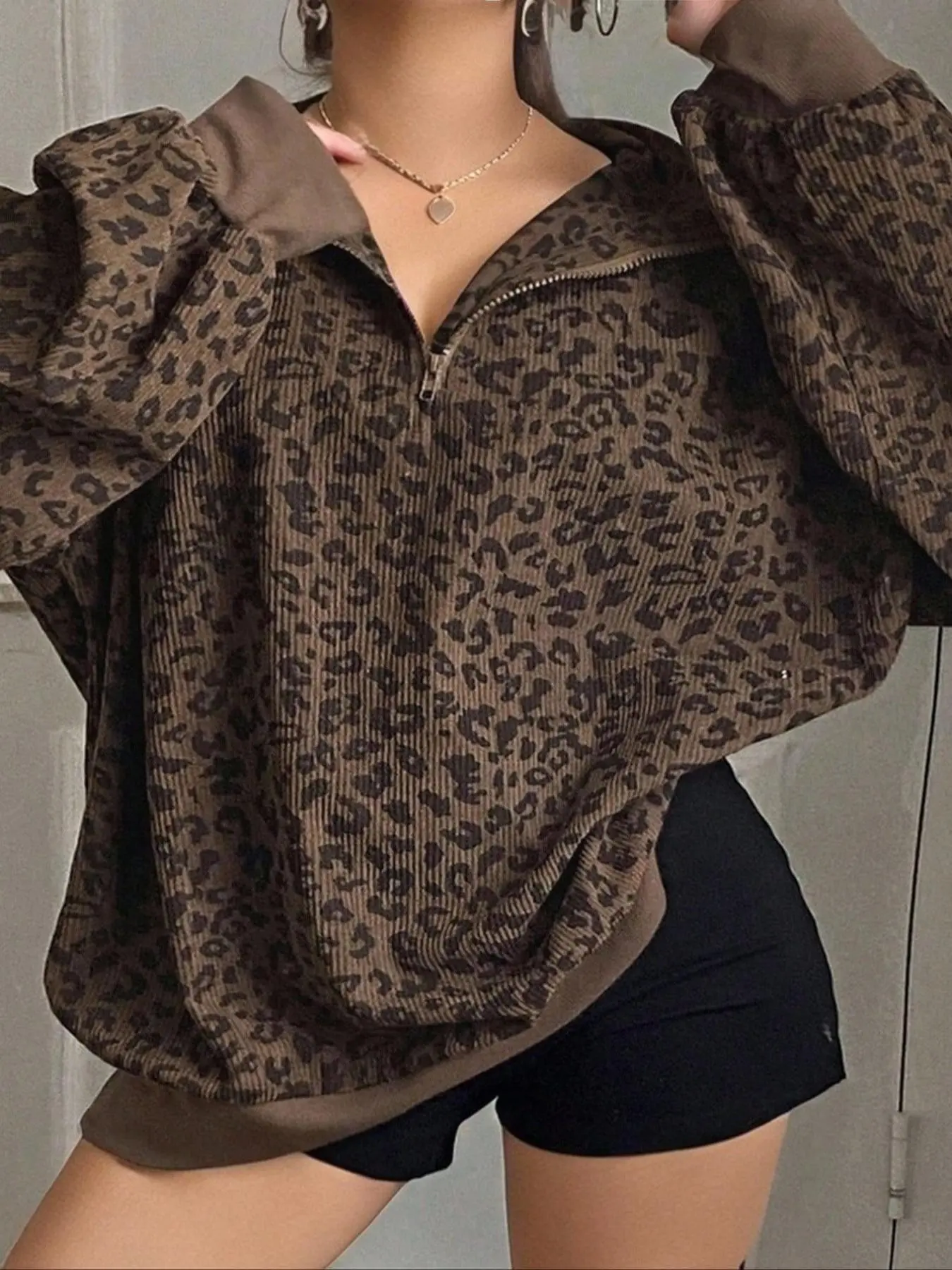 Women's Plus Size Fashion Casual Zipper Long Sleeve Leopard Print Winter Baggy Sweatshirt, Daily Wear, Perfect for Dates