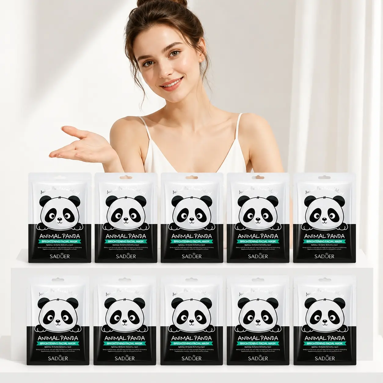 SADOER Animal Panda Sheet Mask 25g x 10 Sheets, Hydrating Moisturizing Face Masks with Sodium Hyaluronate, Soft Panda-Print Fiber Mask for Daily Facial Care
