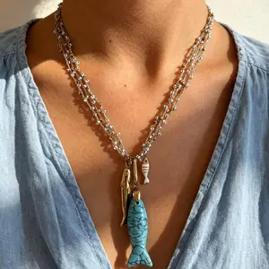 Aesthetic Multi-Layer Glass Bead Choker, Non-Tarnish Natural Stone Fish Pendant for Stacking, Vibrant Layering Accessory for Vacation, Spiritual Unique Sister Gift Idea