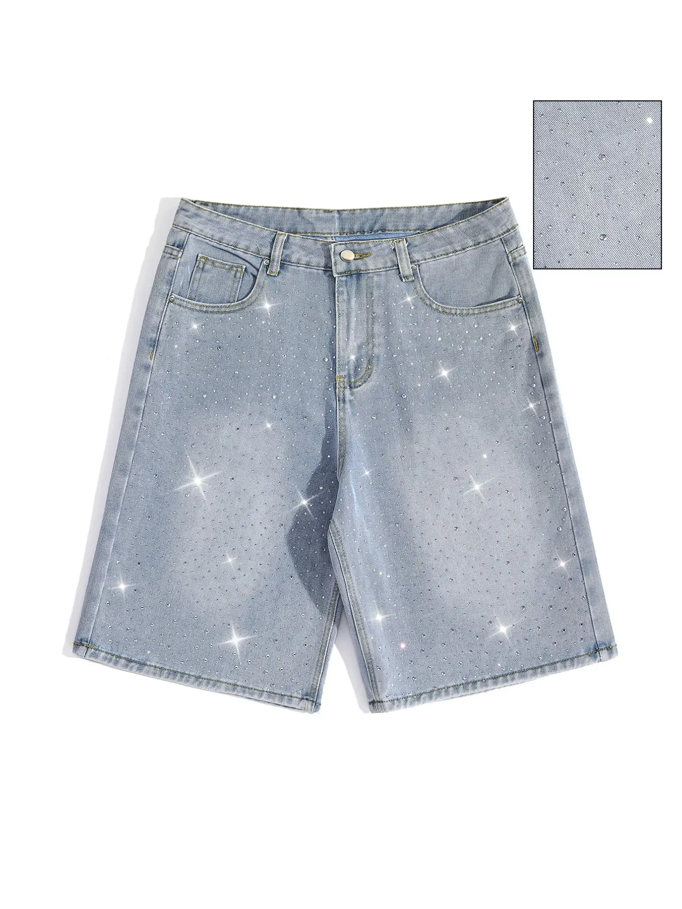 Light Blue Washed Rhinestone Five-Pocket Jeans, High-Waisted Button Front, Loose Fit, Vintage Fabric, Perfect for Casual & Streetwear, Bottom