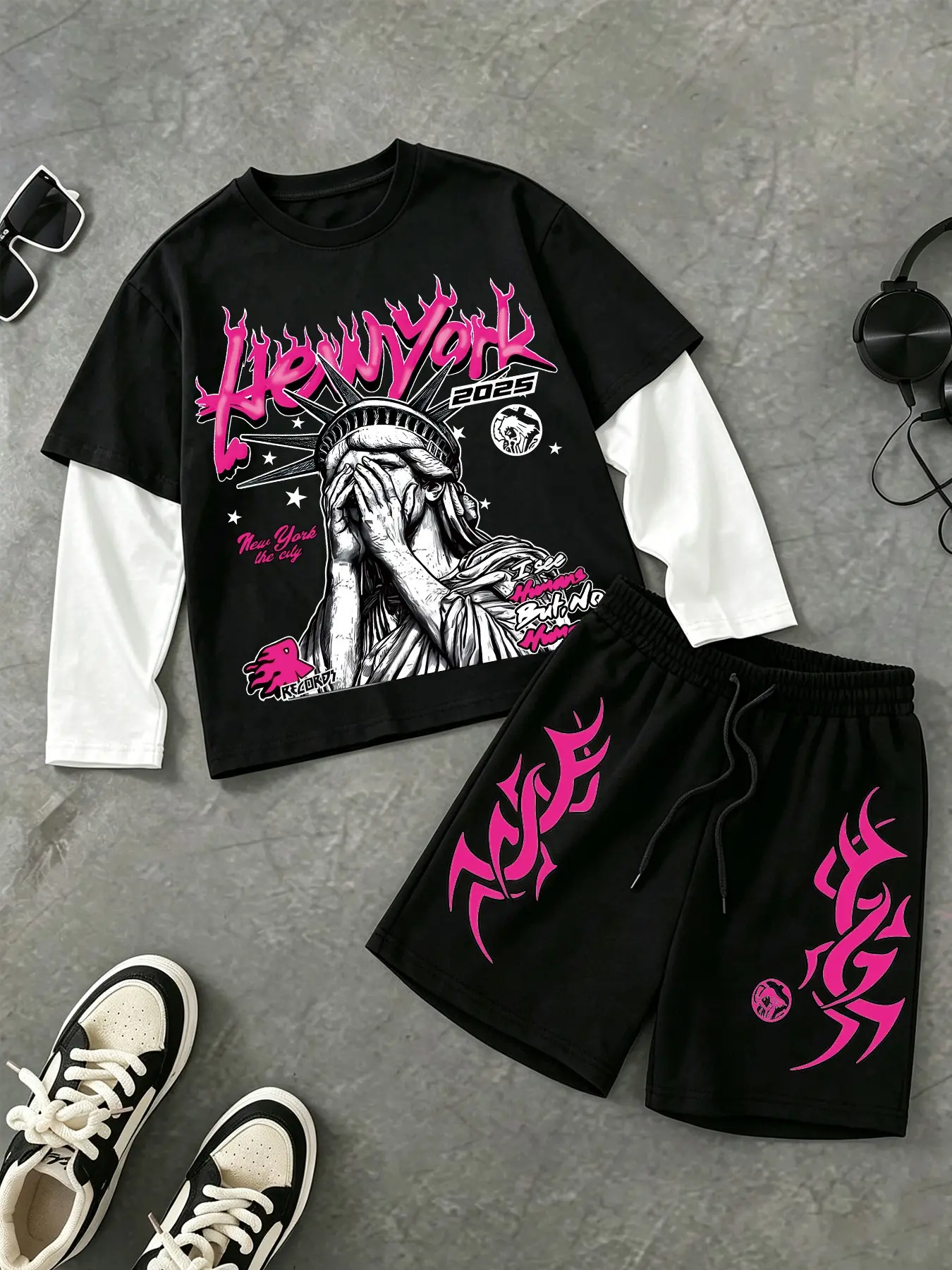 Y2K Streetwear 2‑Piece Set, Graphic Print Set, Fake Two‑Piece Long‑Sleeve Tee + Drawstring Shorts, Cool Liberty Statue New York Graffiti Print, Loose Fit Outfit For Boys Girls, Casual Sport Outfit For School Street Skate Daily Wear