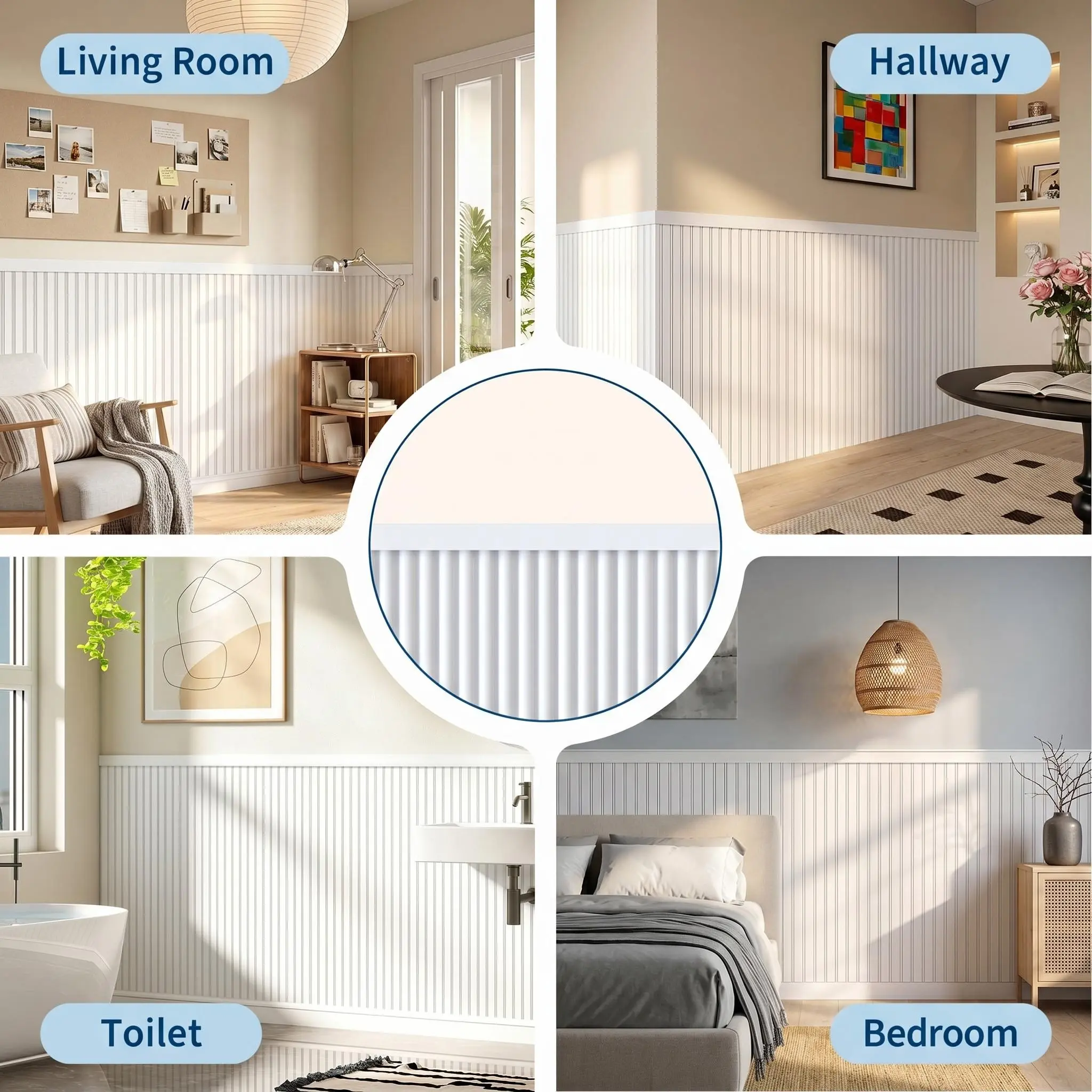 Fluted Wainscoting Wall Panel Kit – 40-Inch Peel & Stick PS 3D Wall Panels with Top Molding, Decorative Vertical Groove Boards for Bedroom, Living Room, Hallway – White