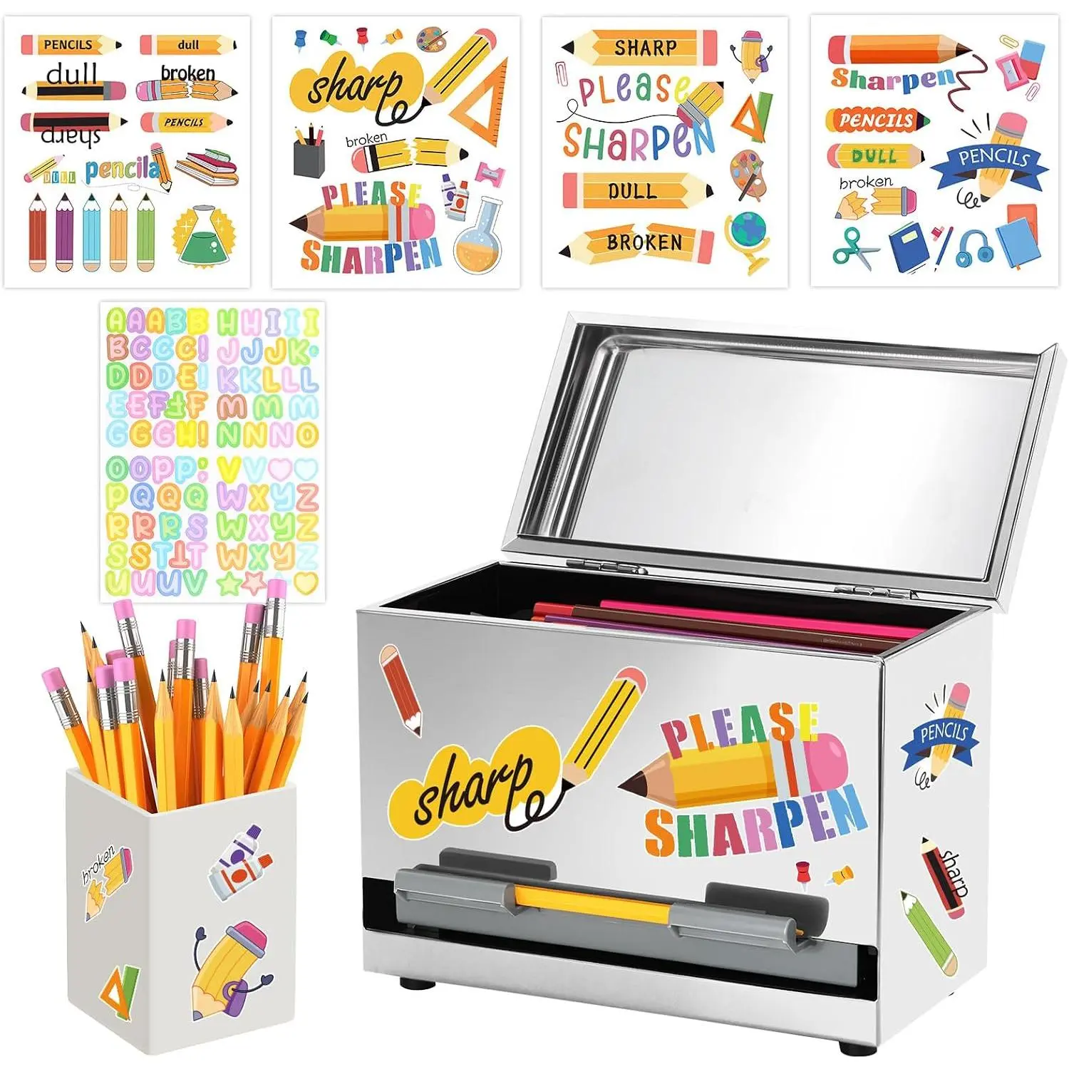 Pencil Dispenser for Classroom & Pencil Holder for Desk with 5 count Stickers | Stainless Steel Pencil Dispenser Set for Classroom Pencil Management & Distribution,  to School Teacher & Office Supplies