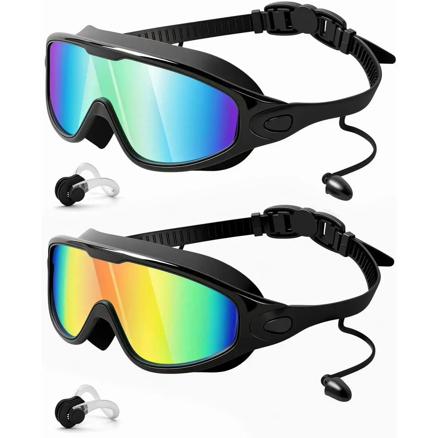 Unisex Swim Glasses 2-Pack - Large Frame, Flexible Soft Silicone, Anti-Fog UV-Protect Lenses, Wide View, Leakproof Sealed Waterproof Swimming Accessory for Daily Pool Use (Adult & Youth Fit)