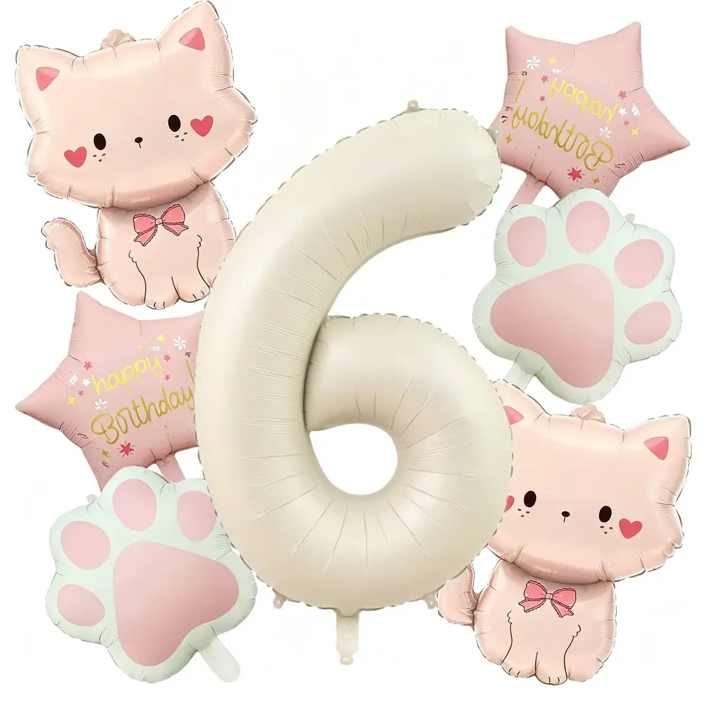 7-Piece Cute Cartoon Cat Balloon Set, Birthday Number Balloons, Cat Paws, Star Balloons, Kids Party Decorations, Balloon Party Supplies, Cat Theme Balloon Props, Balloon Decorations Kit