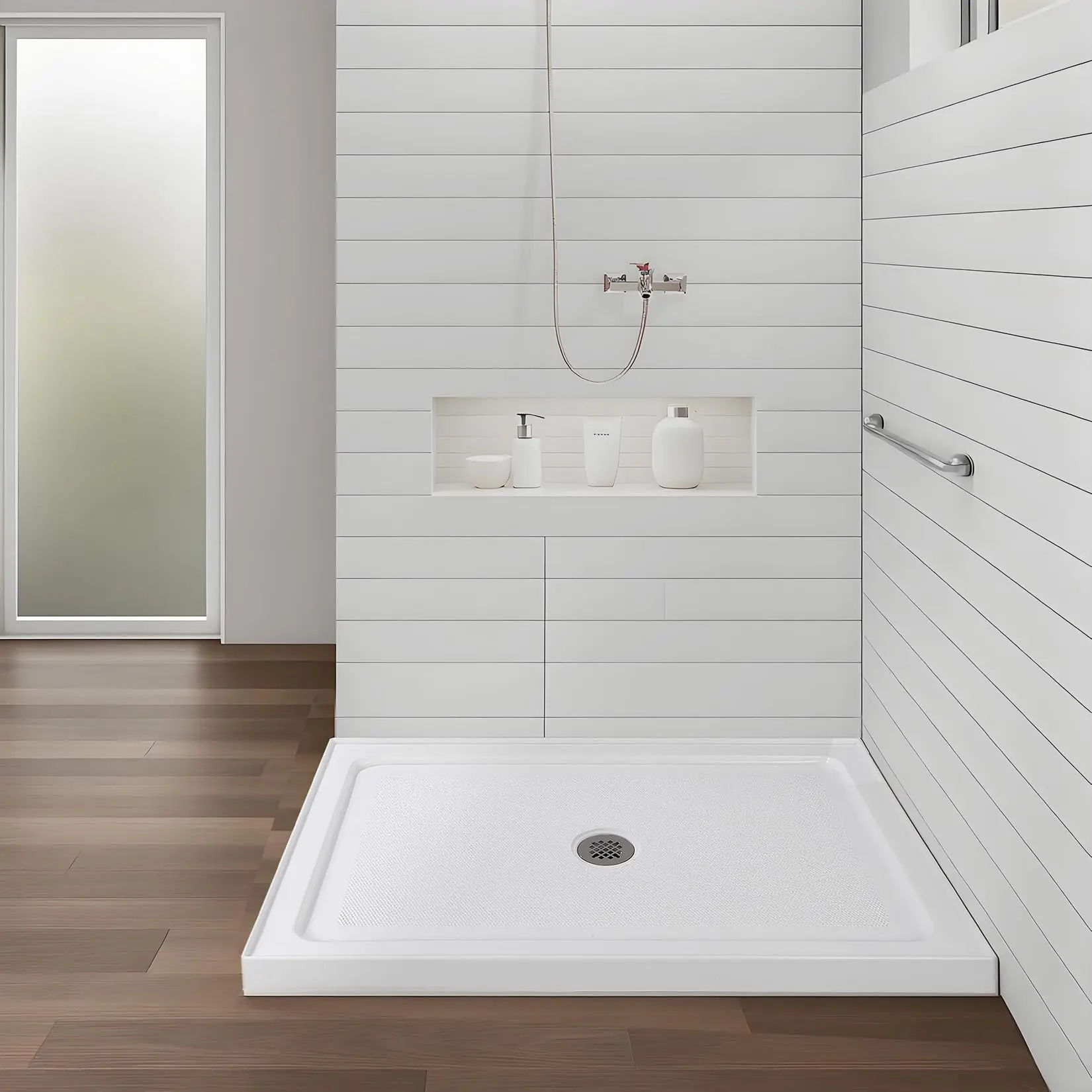 Garvee Non-Slip Shower Base with Center Stainless Drain, Single Threshold Bathroom Tray, Efficient Drainage, Easy Installation, Modern Design, Size 32x48 inches