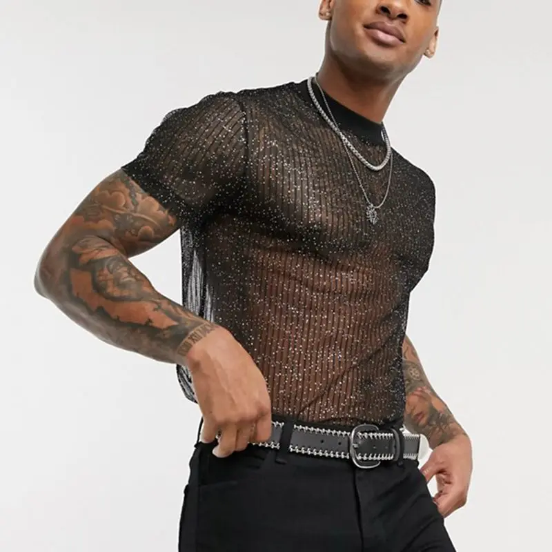 Men's Sheer Thin Breathable Mesh T-Shirt, Sexy See-Through Base Layer Top for Club & Party, European American Streetwear