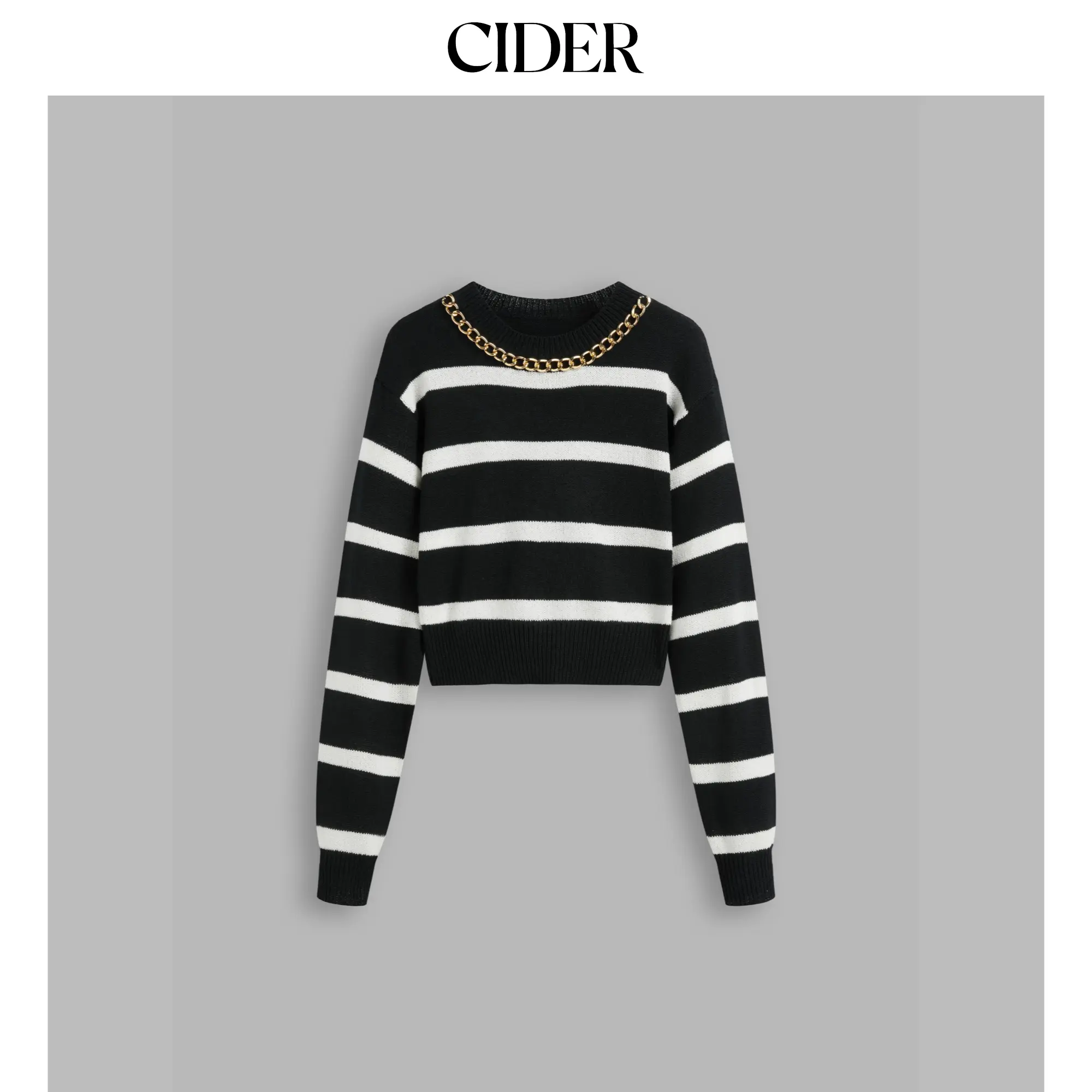 Cider [size 2-10] Knit Round Neckline Striped Chain Detail Crop Sweater
