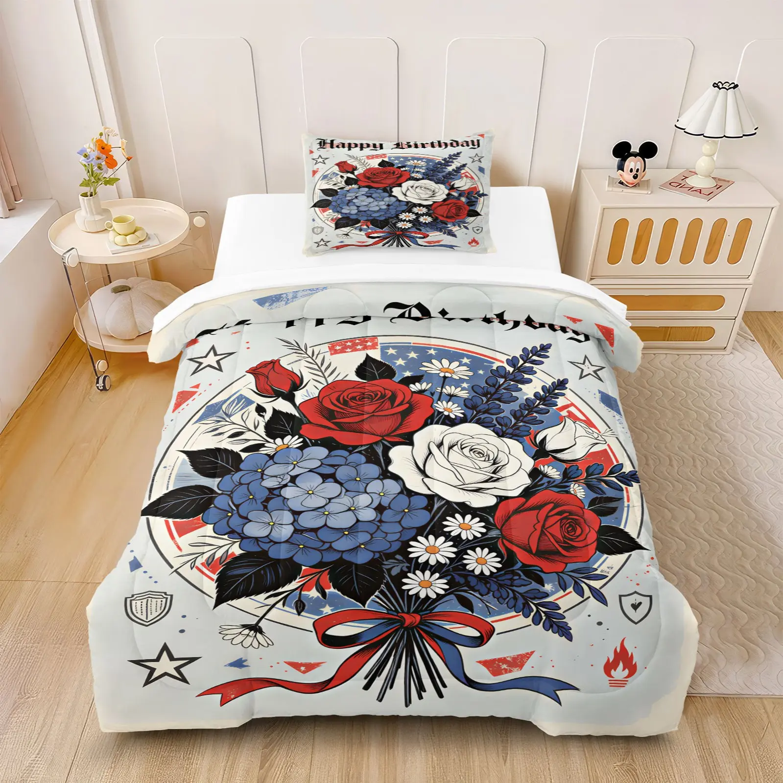 2/3PcsMulti-Tone Vintage Gothic Birthday Bouquet Printed Quilt Set, Light Soft Microfiber Fabric, Ideal For Birthday Party & Bedroom, All-Season Bedding (Filling Included, Pillow Inserts Not Included)