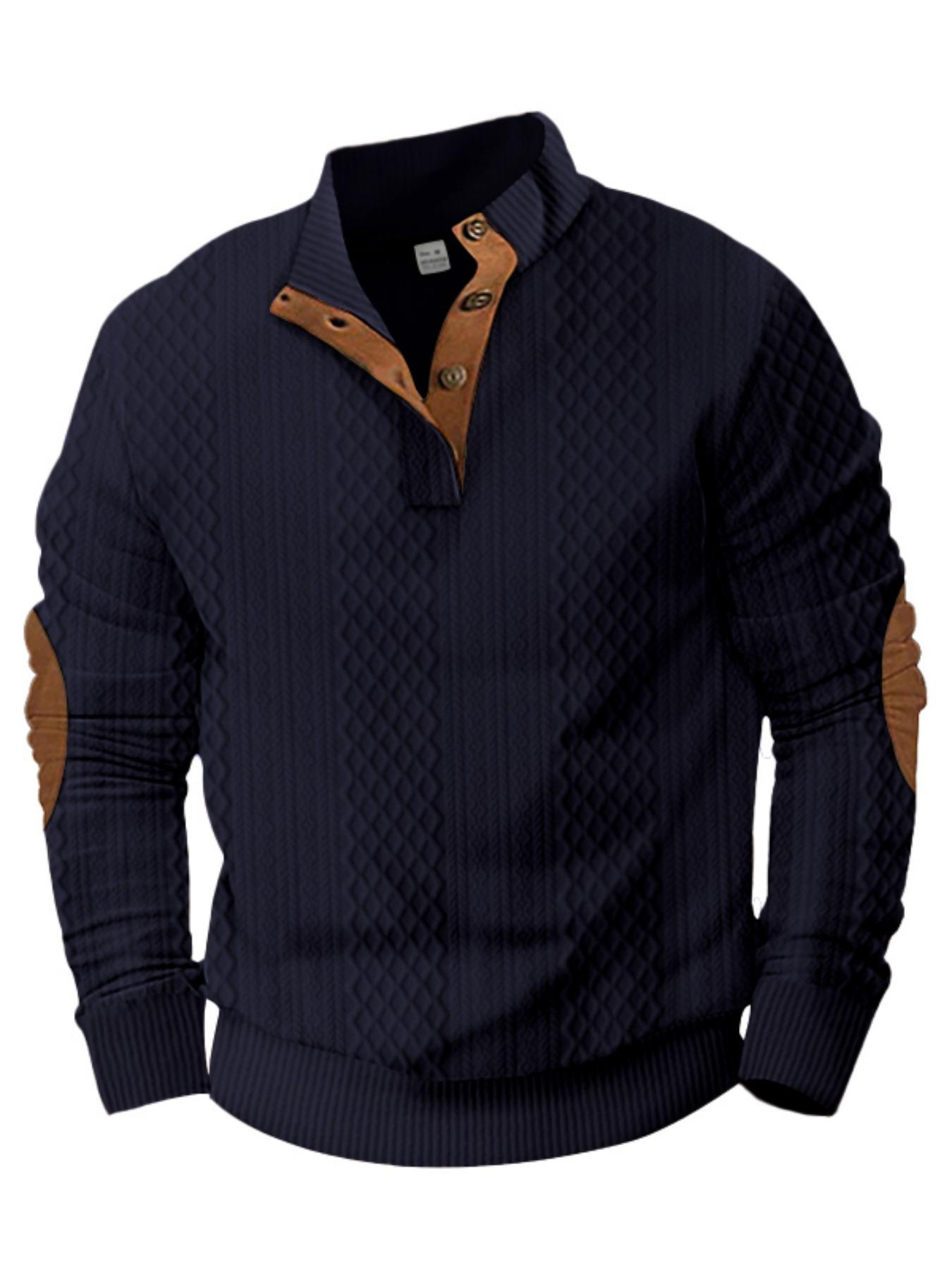 Men's Patchwork Print Button Stand Collar Sweatshirt, Regular Fit Casual Long Sleeve Pullover for Spring & Fall, Fashion Men's Clothes for Daily Wear