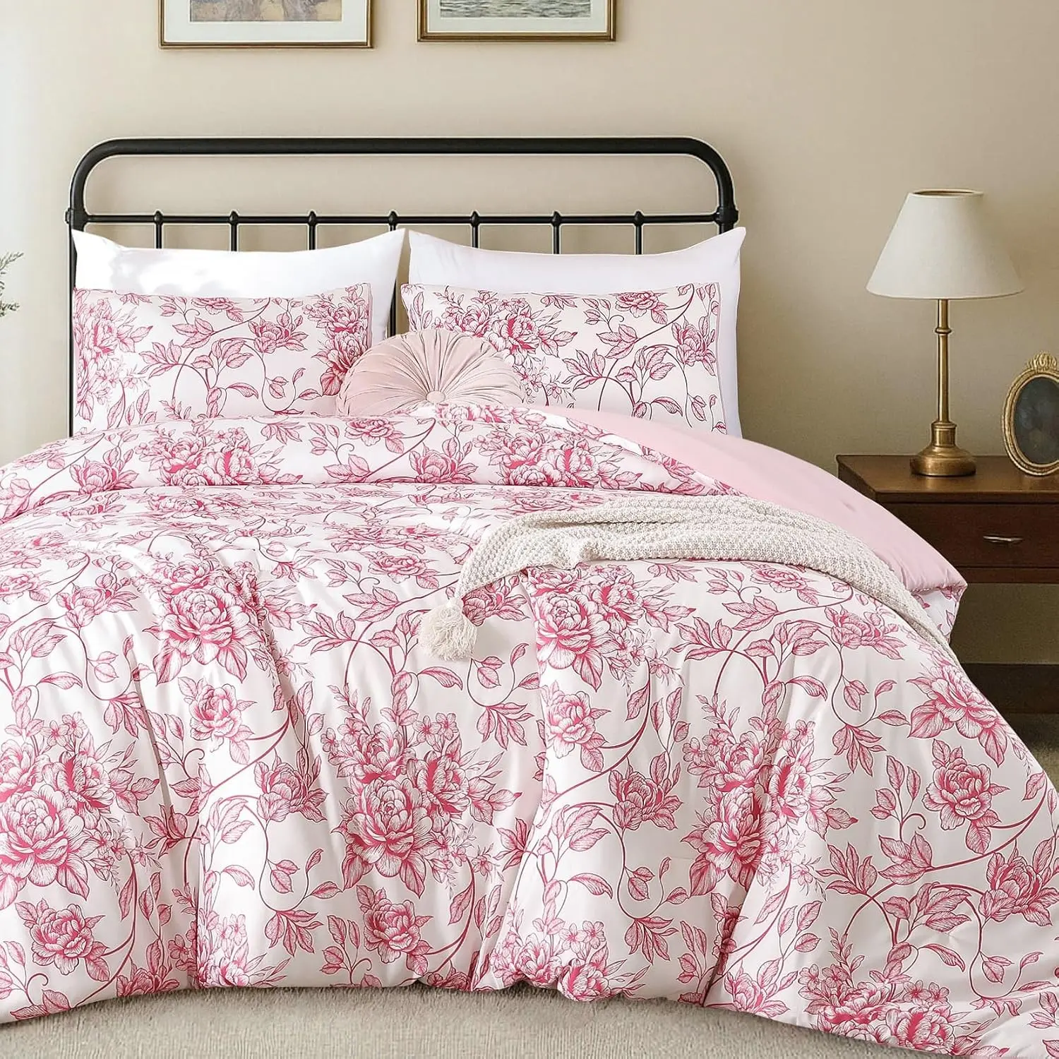 Comforter Set Twin Size - Pink Floral Comforter, 2 Piece Cute Floral Bedding for All Season, 1 Soft Fluffy Breathable Microfiber Comforter Set with 1 Pillow Shams