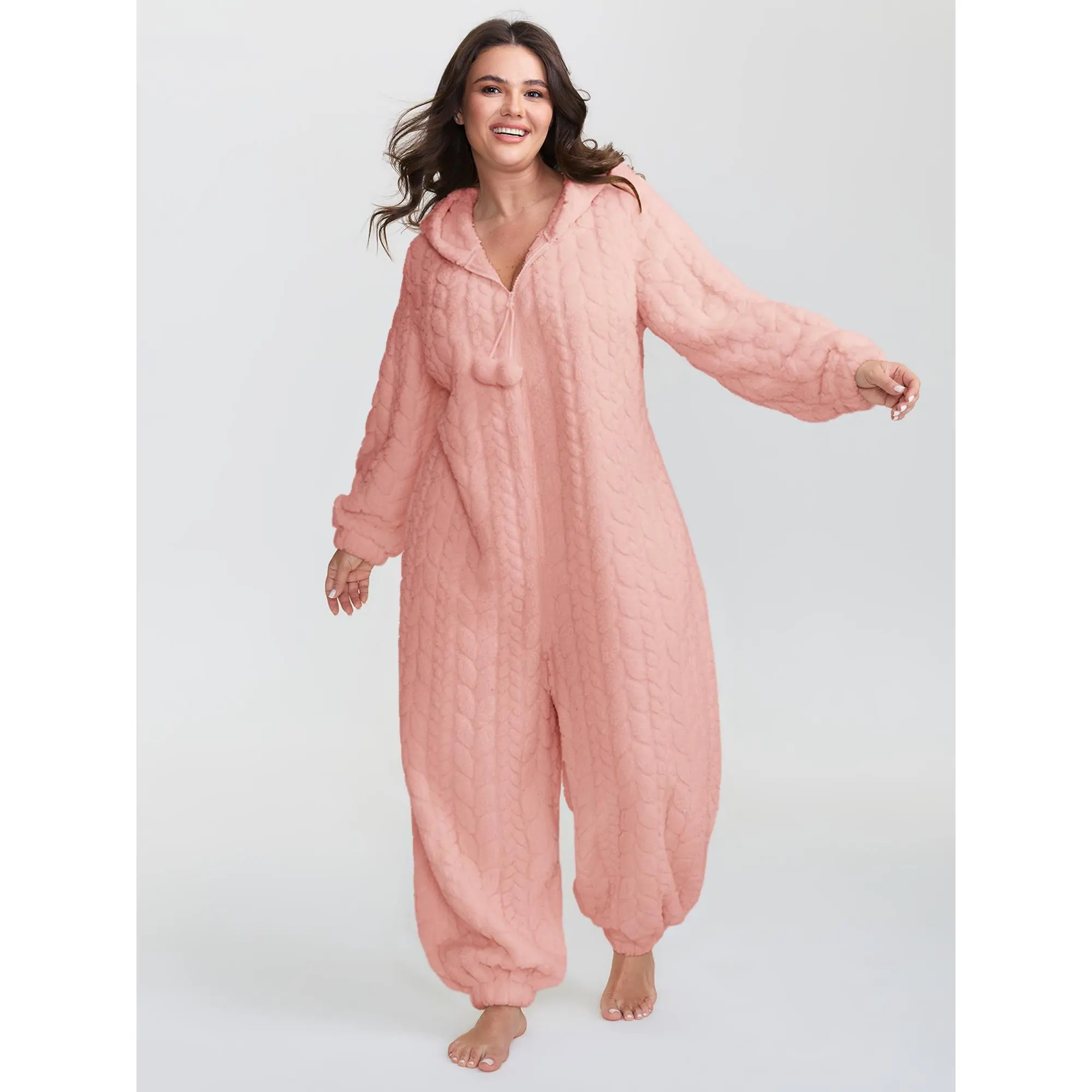 BloomChic Women's Oversized Loose Hooded Longsleeves Fleece Onesie (M-6X) - Half-Zip Basic Fit Pocketfree Ease Cozy Winter Loungewear, Soft Warm Polyester Pajama Romper for Back to School
