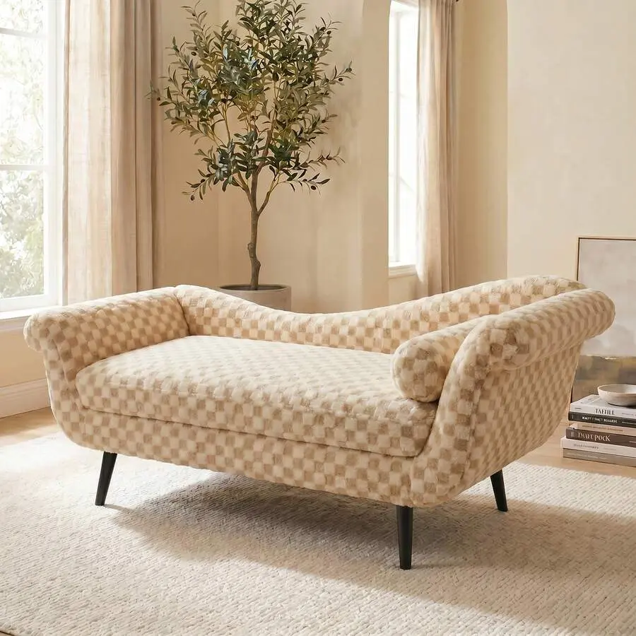 Modern Chaise Lounge Indoor, Checkered Boucle Velvet Sofa Bed With Rolled Arms, Mid-Tapered Legs Upholstered Daybed Bench Living Room Bedroom Office,