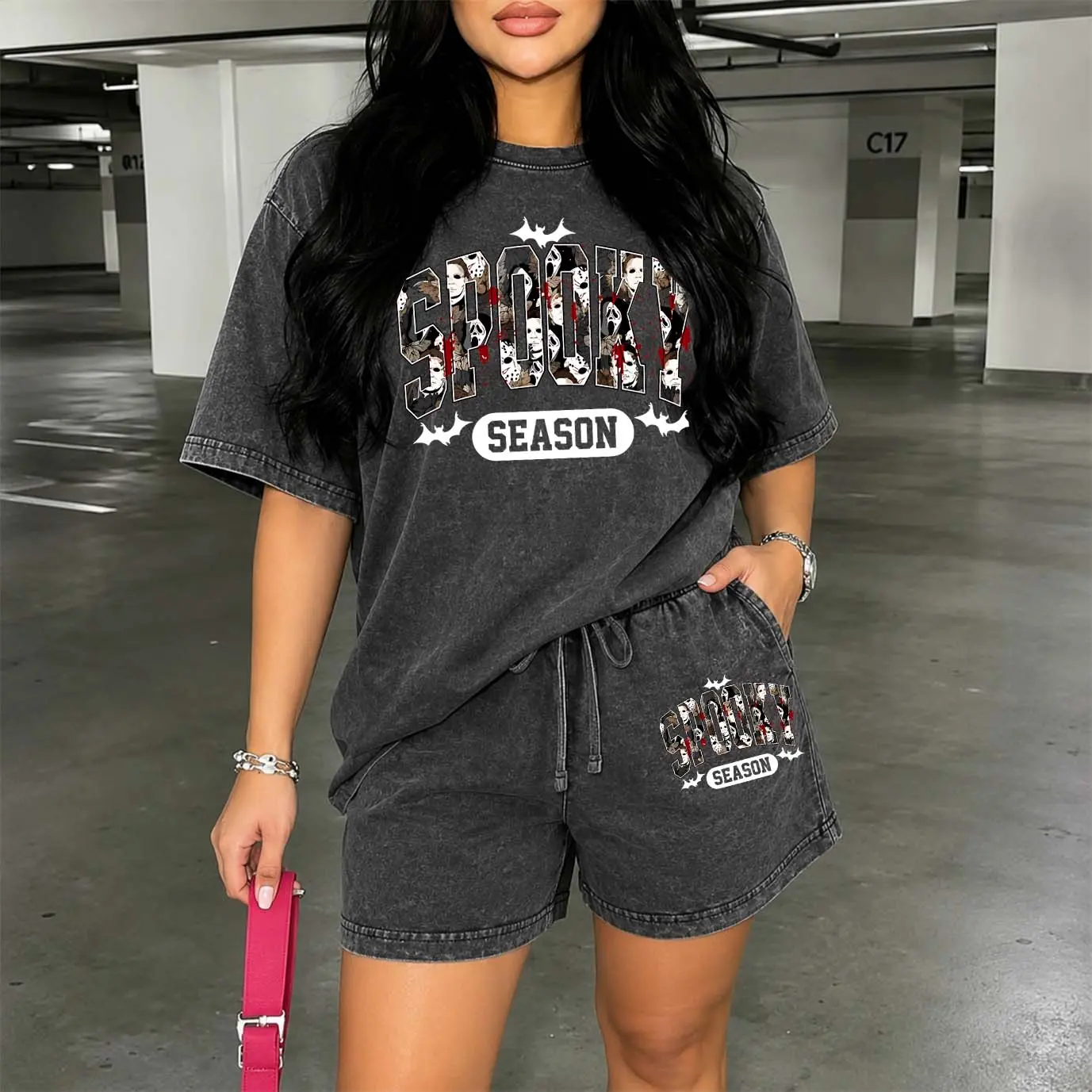 Women's Washed Cotton Shorts Two-Piece Set: A Uniquely Styled Halloween Ghost-Themed Party Outfit. Featuring "Spooky Season" Horror Characters Patterns, And Pumpkin Designs. Also Suitable As Casual Summer Loungewear.