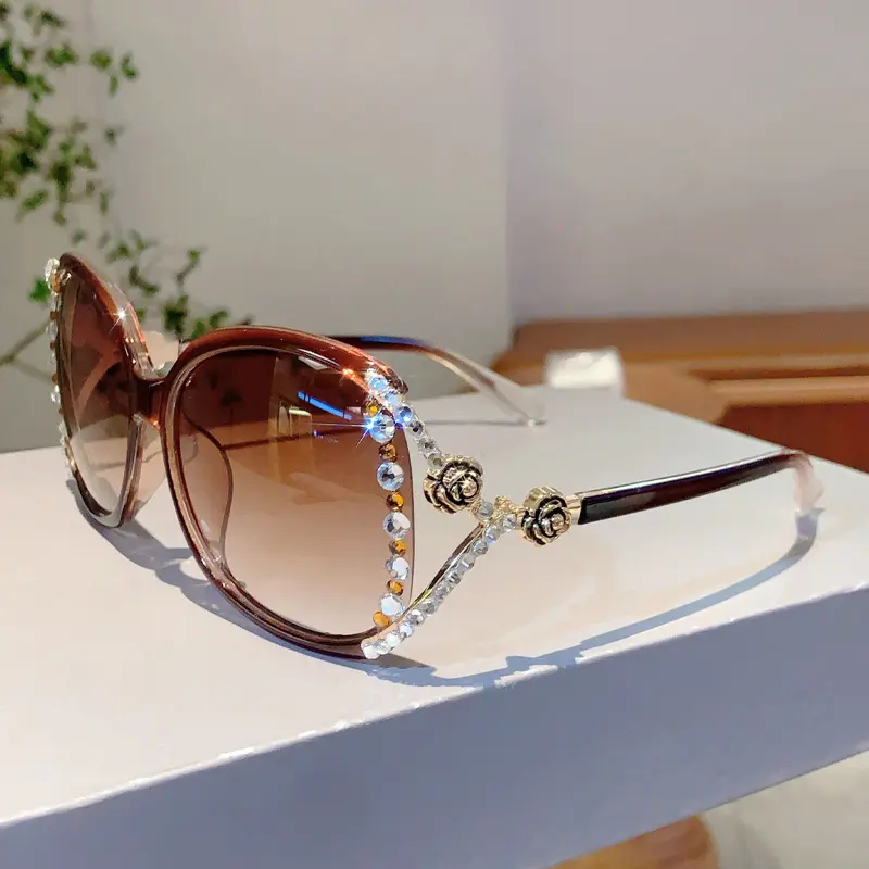 Oversized Curved Decorative Statement Shades Floral Ornament Temples Elegant Women Fashion Sunglasses for Party & Vacation