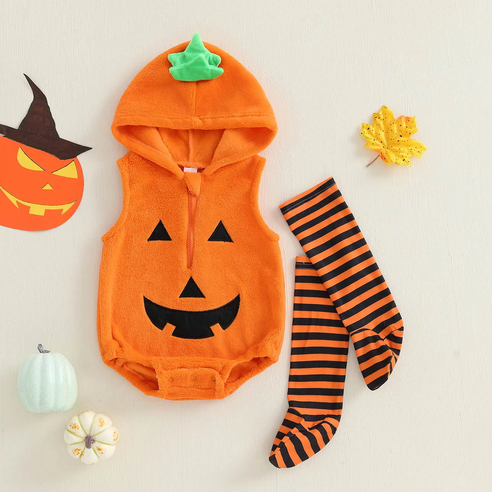 Newborn Toddler Baby Girl Boy Halloween Pumpkin Costumes Cute Hooded Romper Jumpsuit and Striped Stockings Outfit