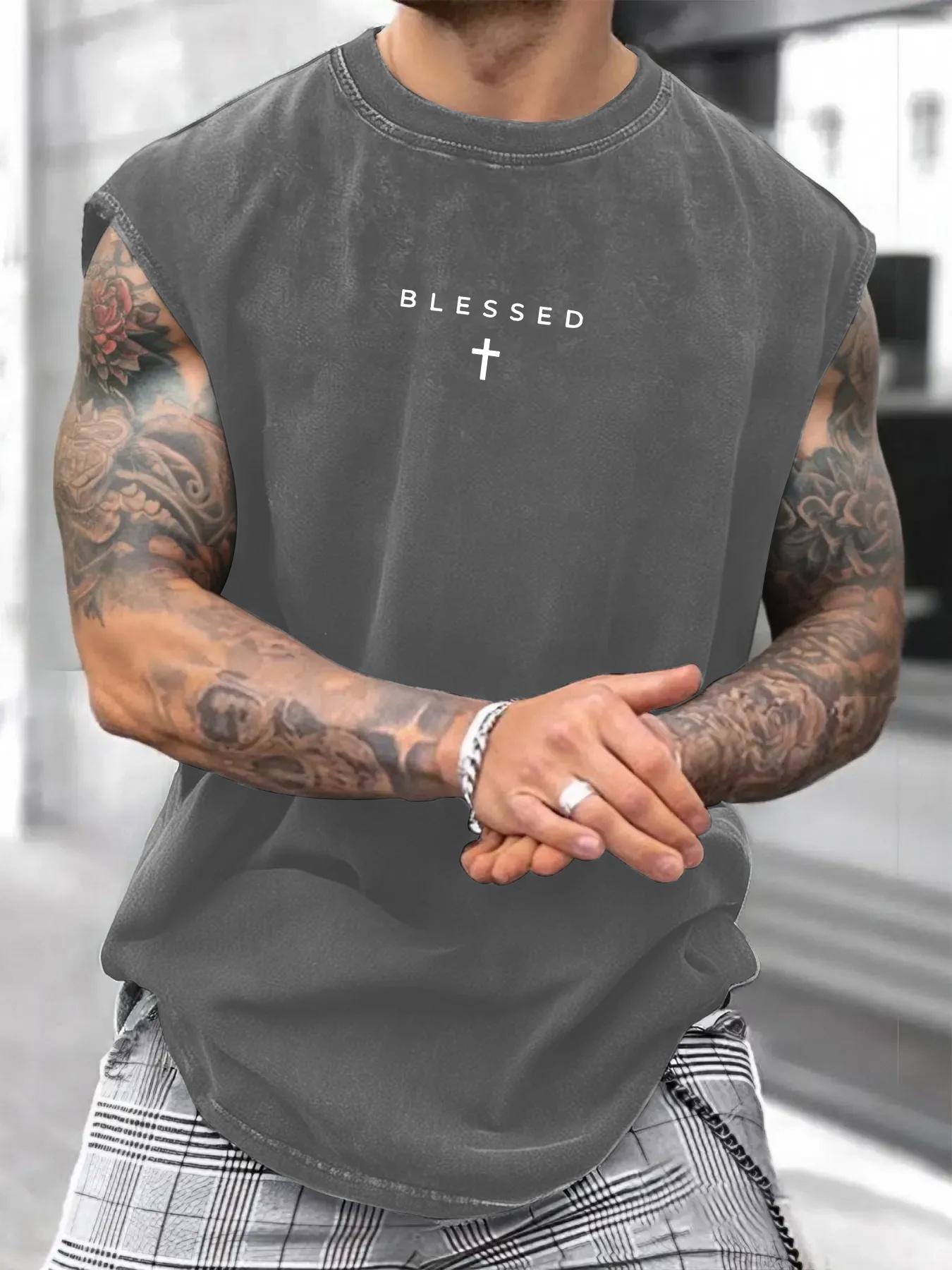 Men's Loose-Fit Sleeveless Short Graphic T-Shirt, Pure Cotton Breathable Streetwear, Street Style Summer Top, Casual Fashion Design for Daily Wear & Sports, Clothes, Menswear