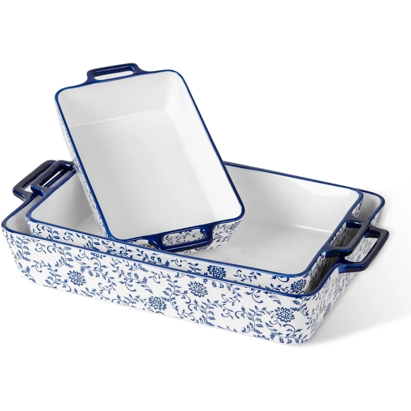 Ceramic Bakeware Set Casserole Dish Baking Dishes for Oven Rectangular Lasagna Pans with Handles for Kitchen Cooking Microwave & Dishwasher Safe Set of 3 (15.1''/13.6''/9.9'') Blue
