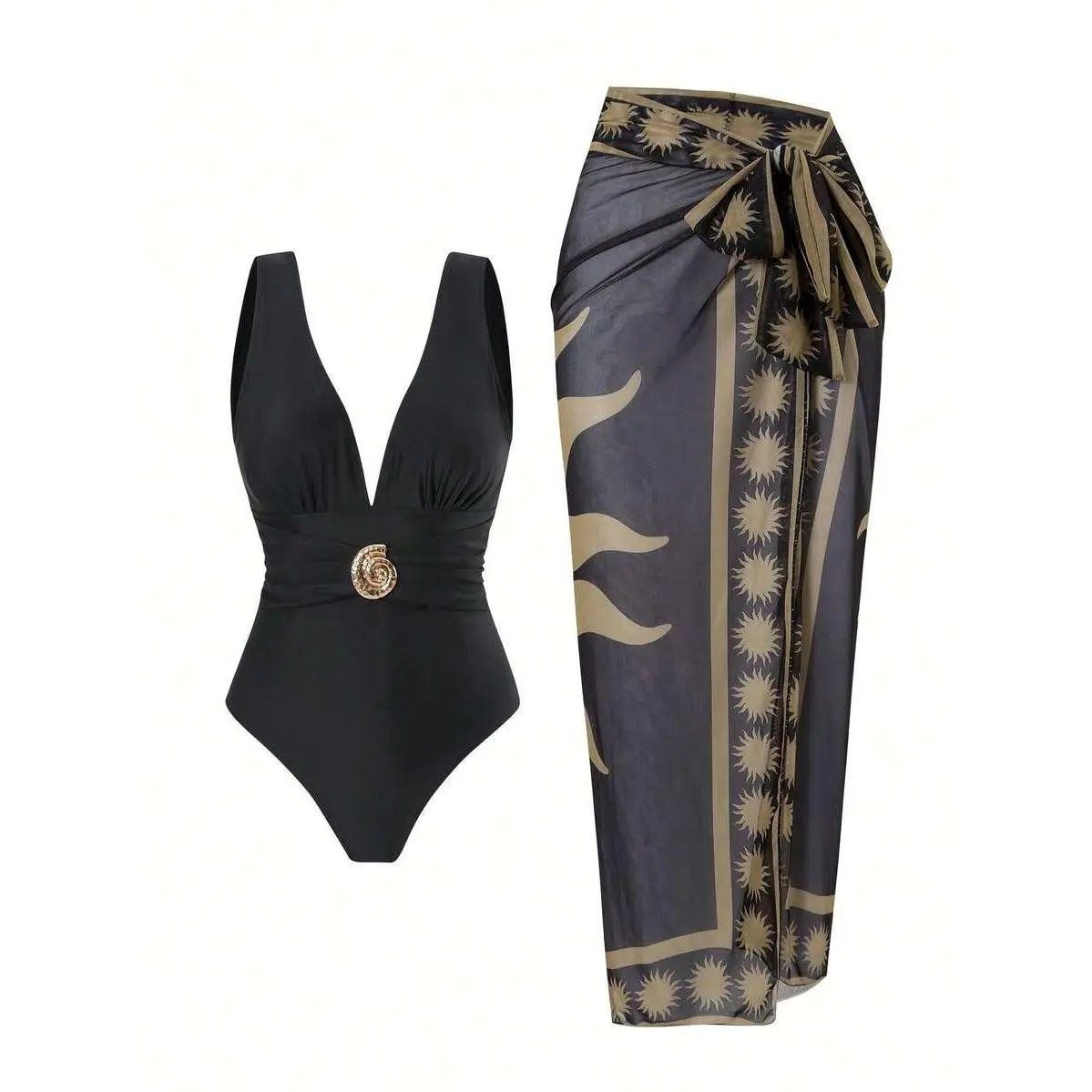 Women's Sophisticated Black & Gold Resort Swimwear, Elegant Plunge Neck Swimsuit + Exotic Gold Pattern Sarong, Versatile 2-Piece Outfit For Summer Getaways & Luxury Vacations