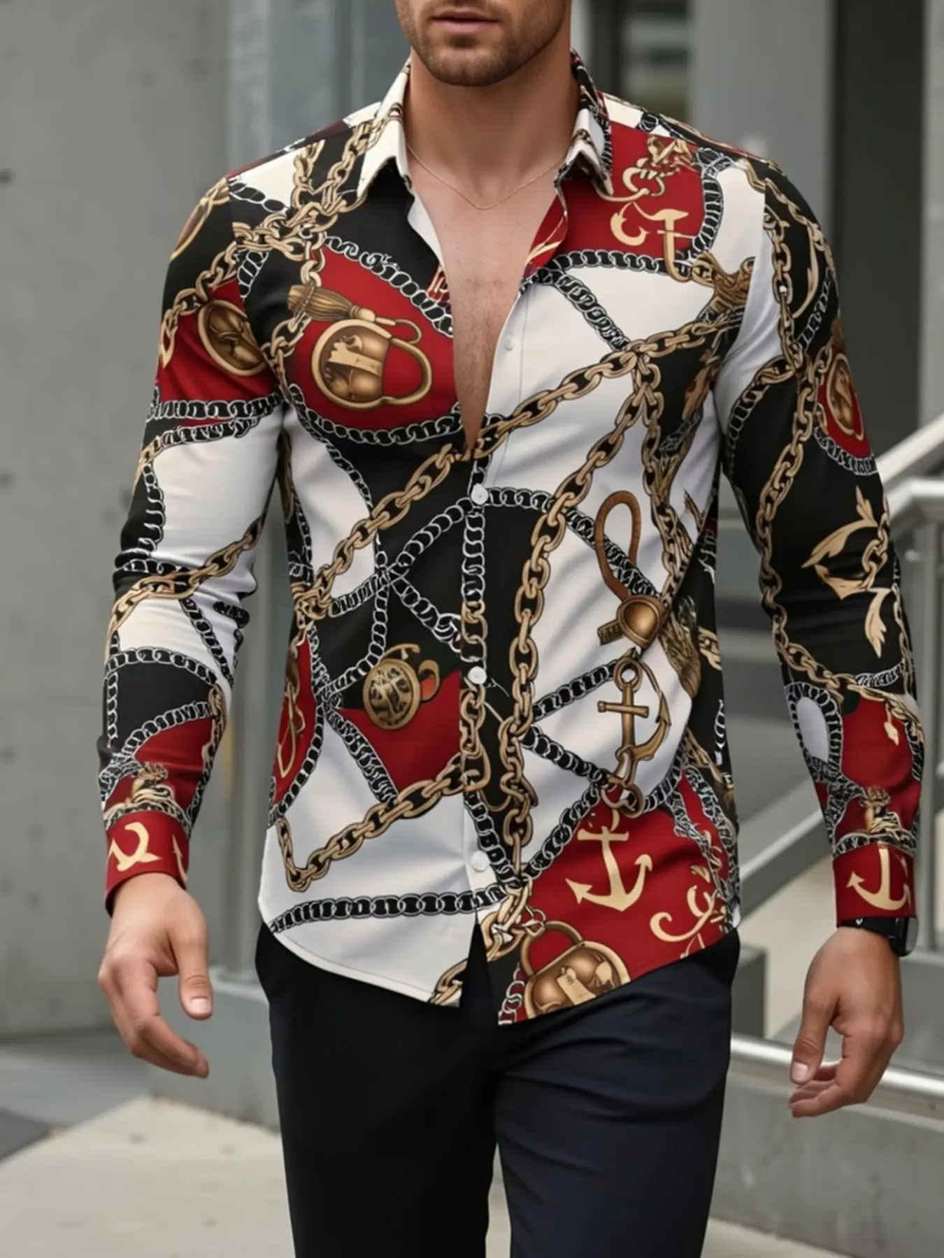Men's Retro Light Luxury Chain Anchor Print Long-Sleeve Polo Shirt, European and American Trend, Digital Print Slim-Fit Shirt, Personalized Casual Fashion Versatile Men's Daily Top
