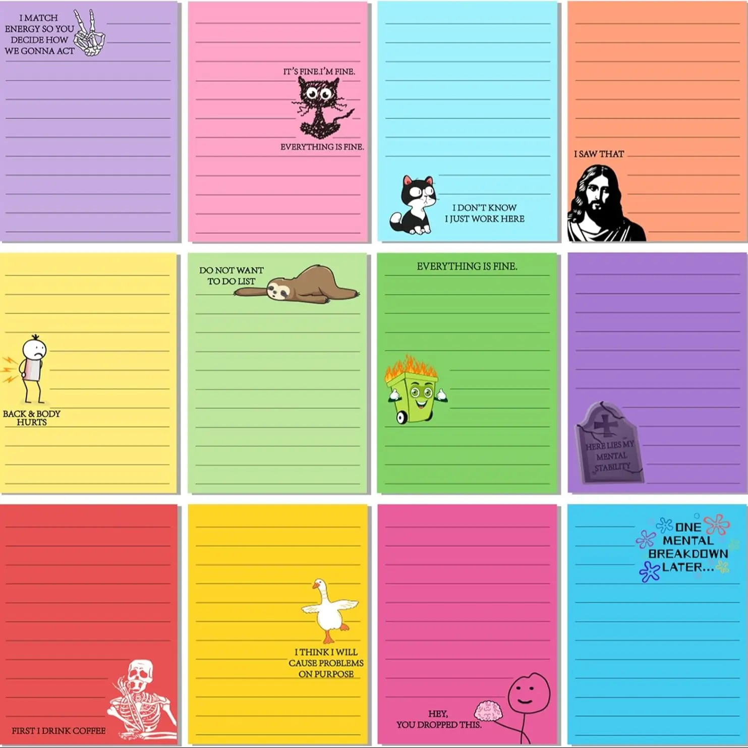 12pcs Funny Humorous Colleague Gifts Set, Sarcastic Office Stickers with Quirky Phrases & Passive Aggressive Jokes, 10.16x7.62cm Notebooks, Bright Vibrant Colors