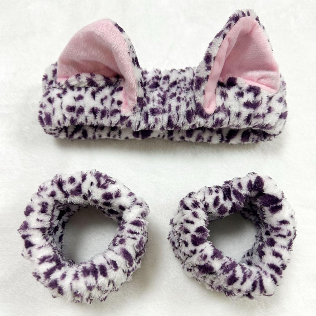 3 Pcs Cute Cat Ear Leopard Print Plush Headband For Women Girls Spa Washing Face and Makeup Headband Elastic Moisture Resistant Sleeves Wrist Strap