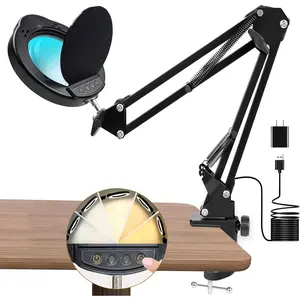 15X Magnifying Glass with Light and Clamp, 5 Color Modes 10 Levels Adjustable Brightness, 2-in-1 Desk Lamp with Clamp, Hands Free Magnifier with Dust Cover for Craft Hobby Reading Repair Close Works