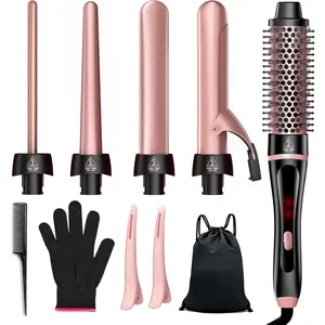 5 in 1 Curling Iron & Thermal Brush Set, 4 Interchangeable Ceramic Barrels(0.35"-1.25"), Fast Heat Dual Voltage Travel Hair Curler Wand Kit, Birthday Gift for Women, for Curls & Blowout
