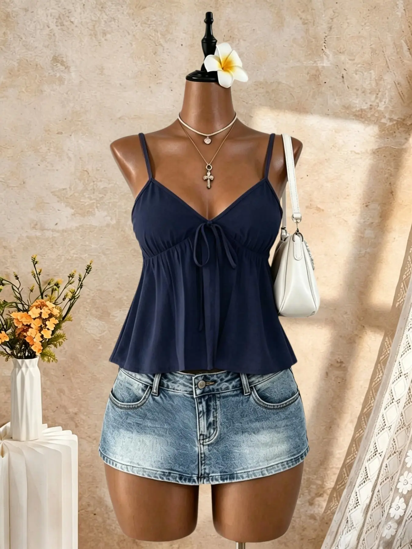 V-Neck Tie Front Ruffle Tank Top, Casual Fashion Sleeveless, Adjustable Thin Straps, Stylish and Comfortable Design