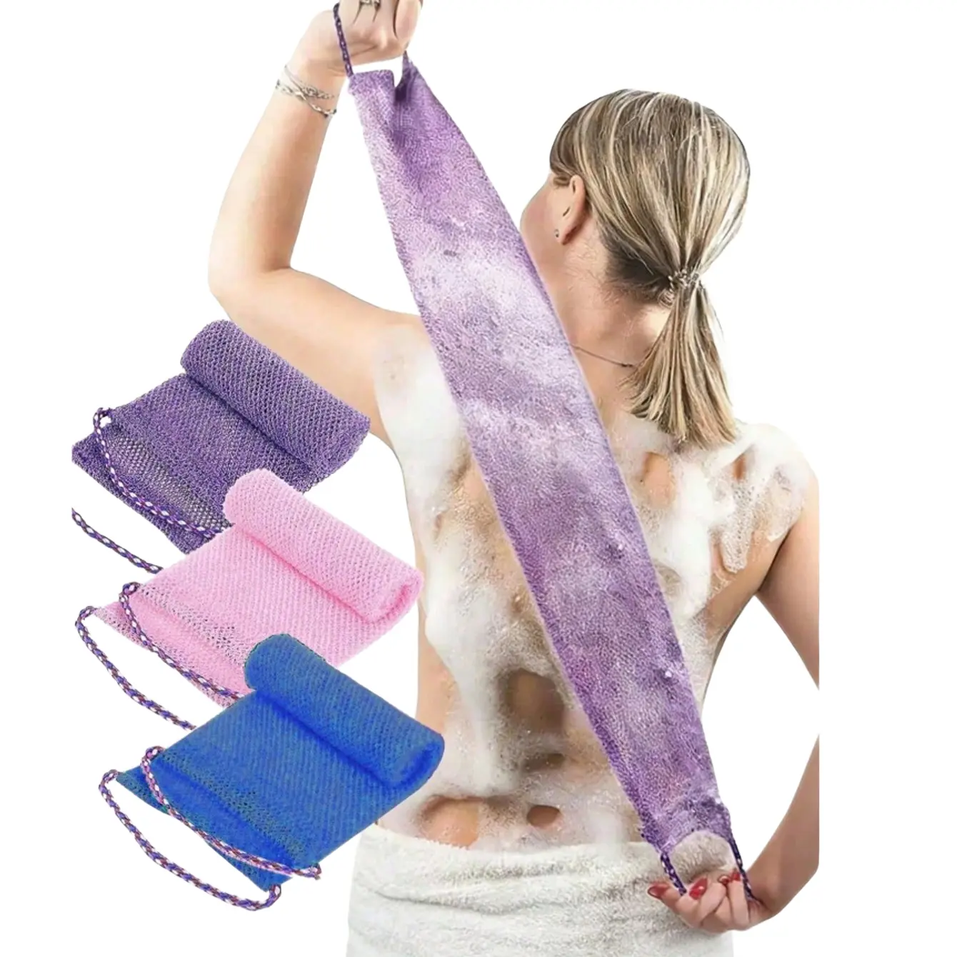 1pc Bath Scrub Towel Set, Mesh Fabric, Double-Sided Exfoliation, Full-Body Scrubbing, Hanging Strap, Foaming Net Included